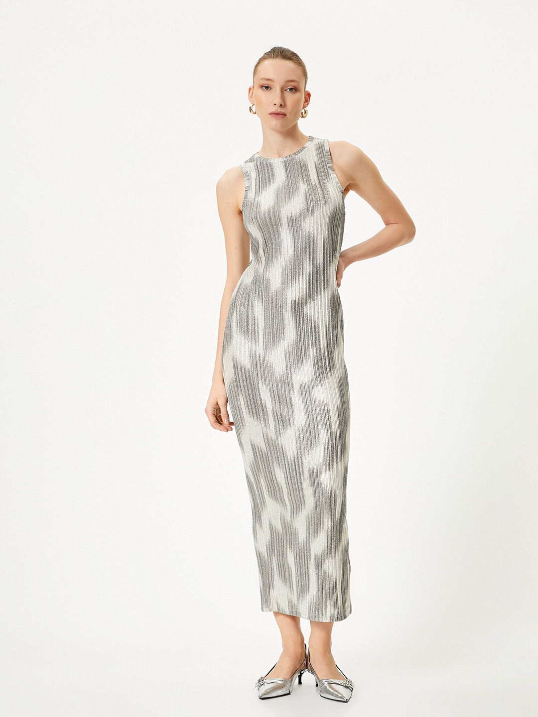 

Koton Abstract Printed Round Neck Sleeveless Maxi Dress, Gold