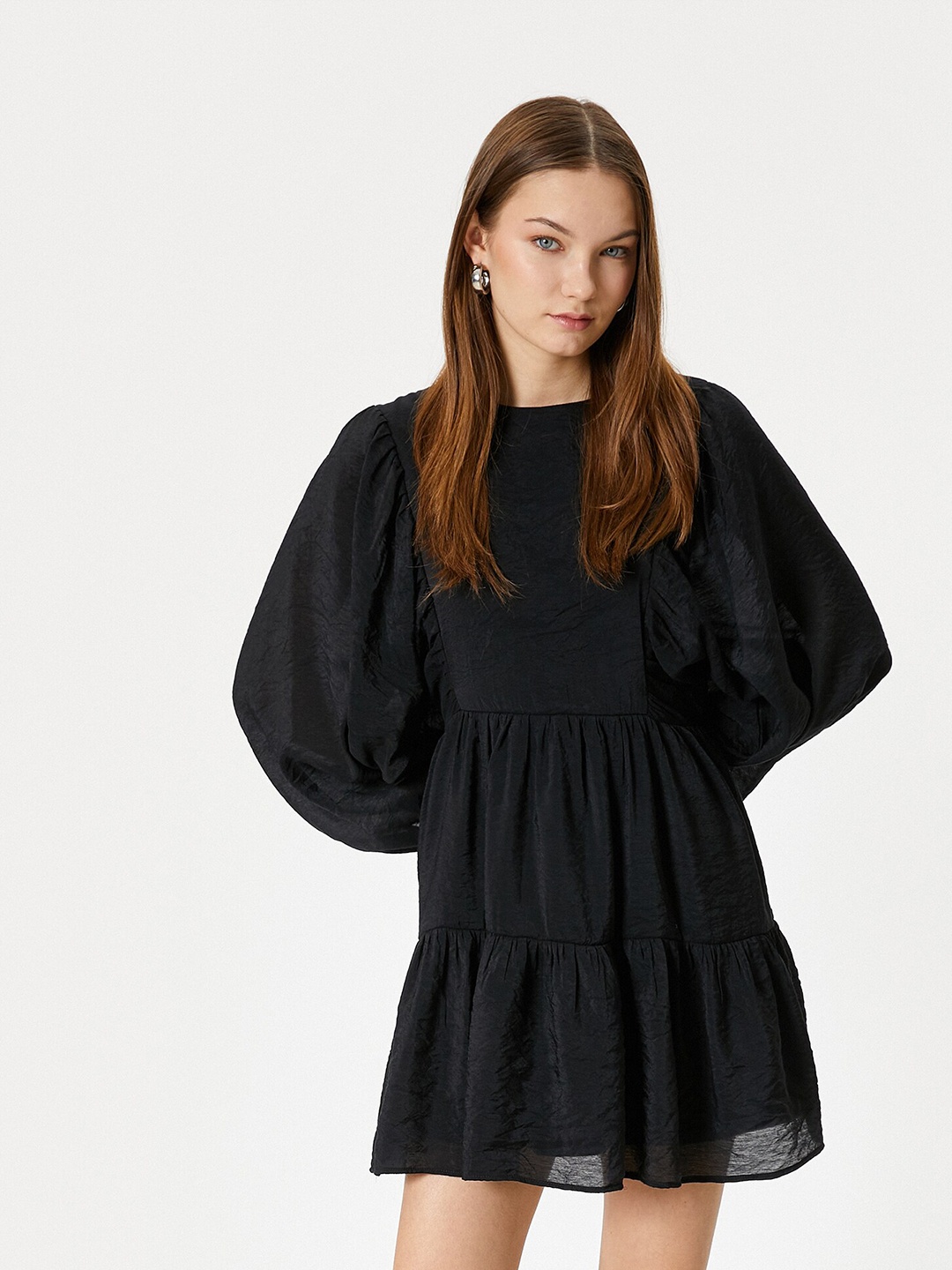 

Koton Tiered Batwing Sleeve Fit & Flare Dress, Black