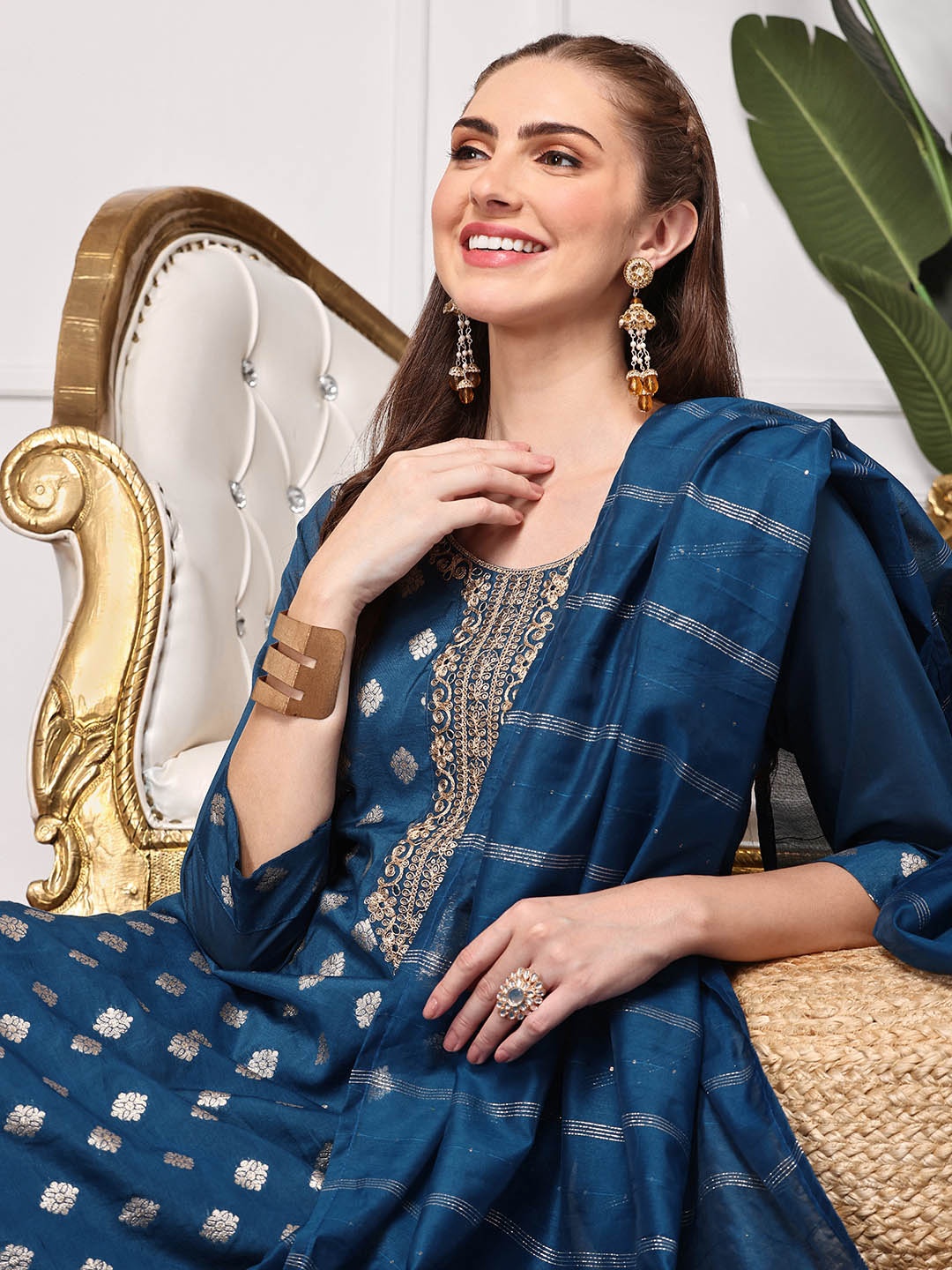 

Ishin Ethnic Motifs Embroidered Sequinned Straight Kurta With Trousers & Dupatta, Blue