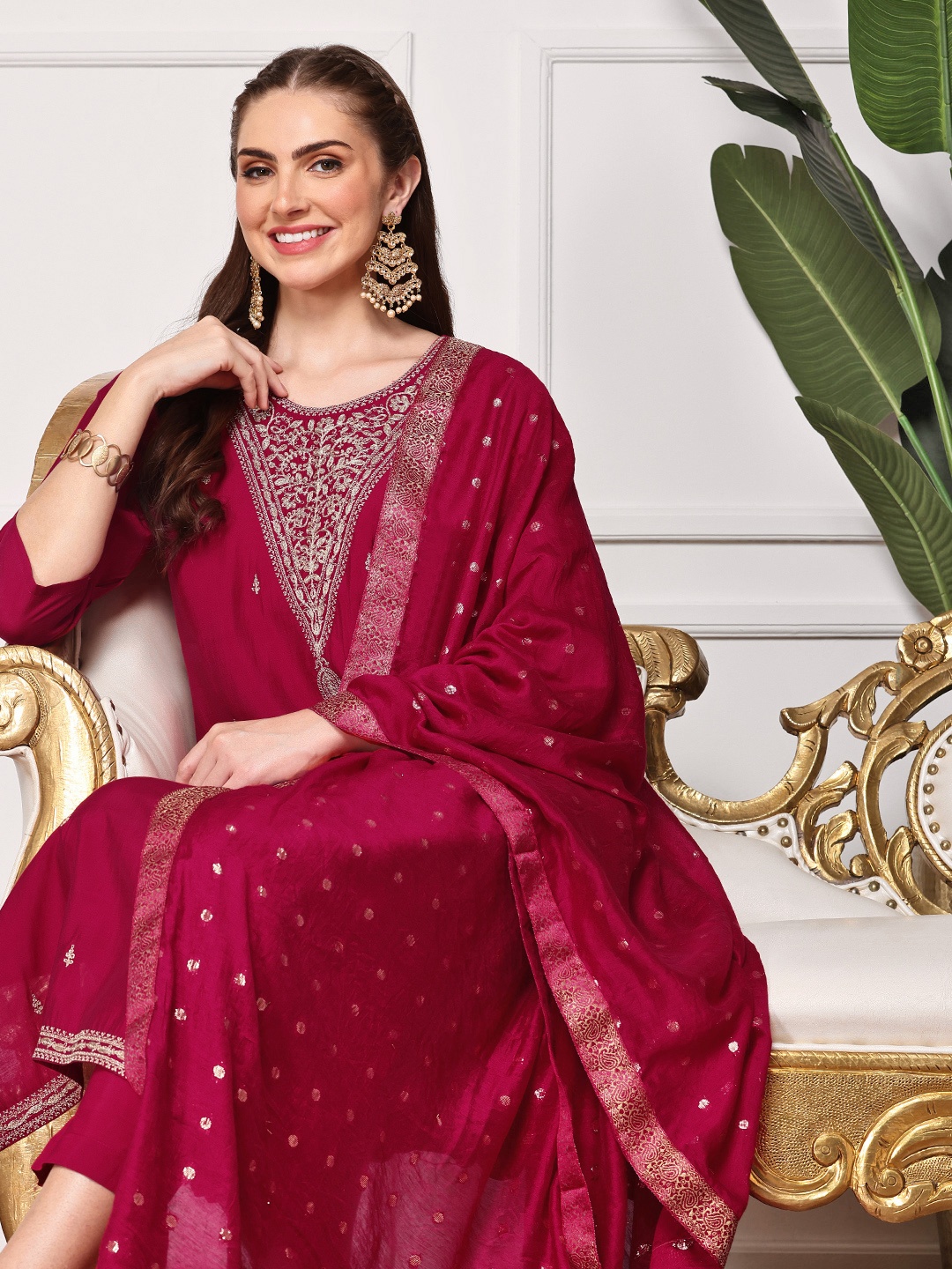 

Ishin Ethnic Motifs Embroidered Sequinned Straight Kurta With Trousers & Dupatta, Maroon
