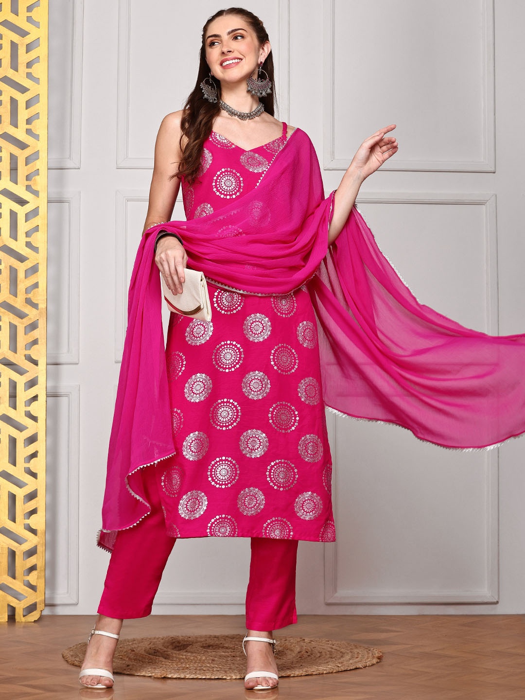 

Ishin Ethnic Motifs Printed Shoulder Straps Straight Kurta With Trousers & Dupatta, Pink