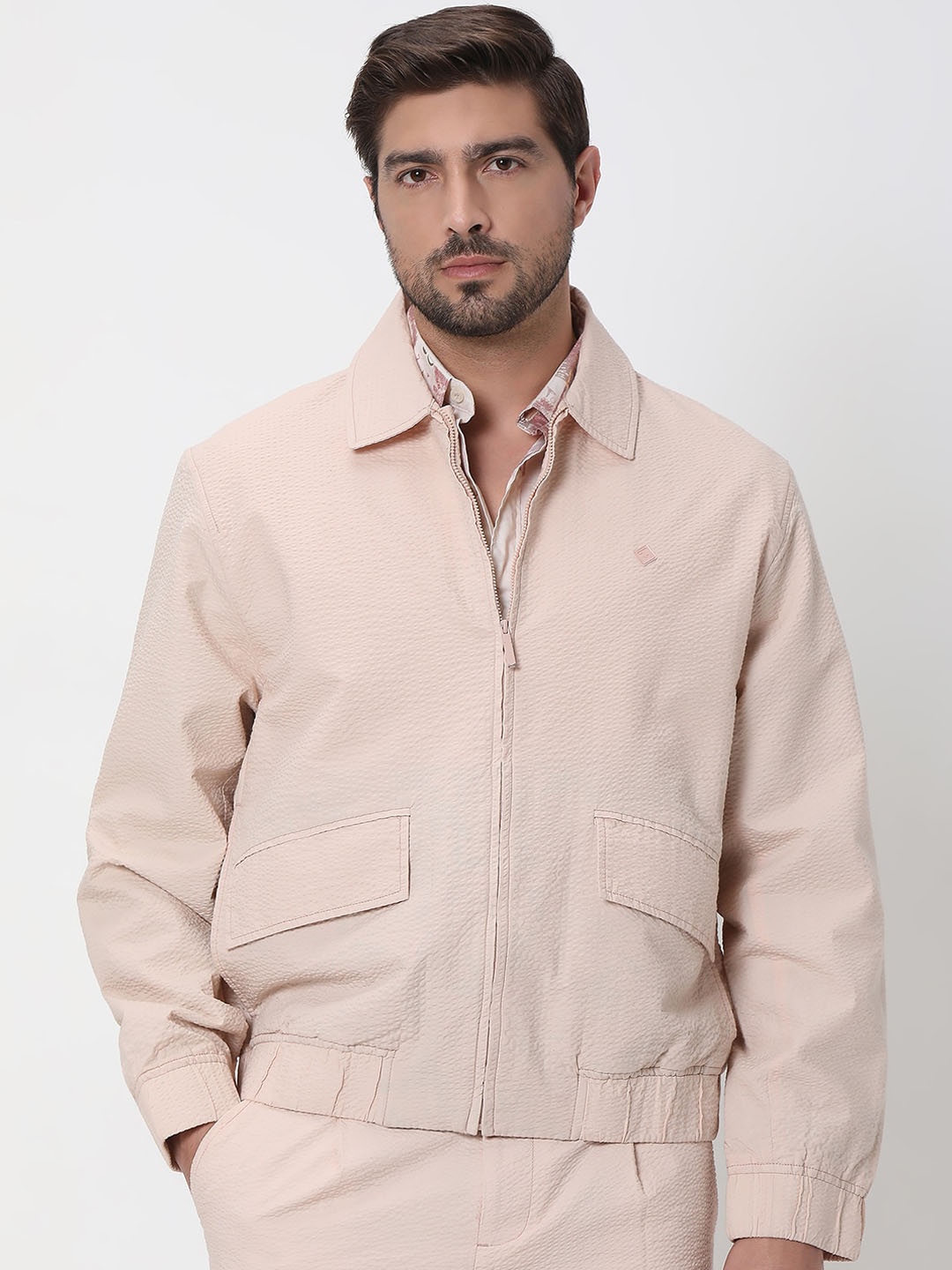 

Mufti Slim Fit Seersucker Spread Collar Cotton Bomber Jacket, Peach