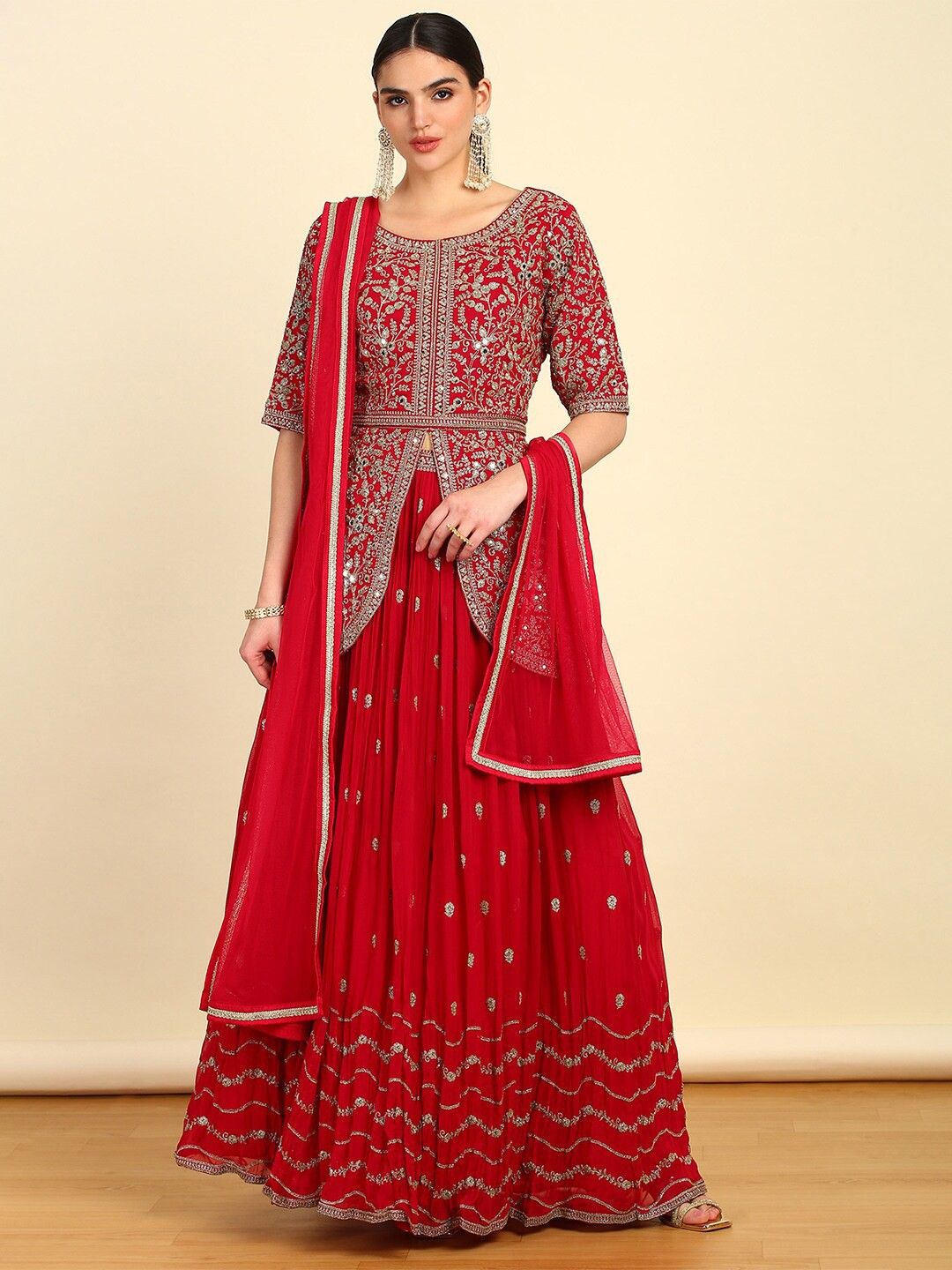 

Soch Embroidered Beads and Stones Ready to Wear Lehenga & Blouse With Dupatta, Red