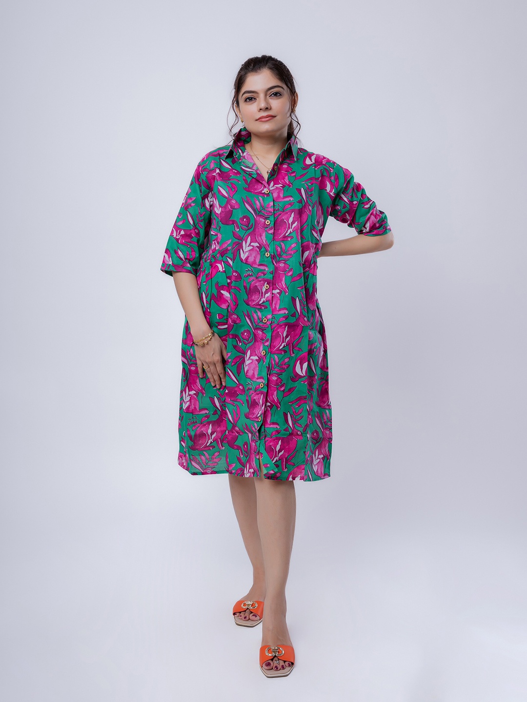 

MASU LIVING Floral Printed Pure Cotton Shirt Dress, Green