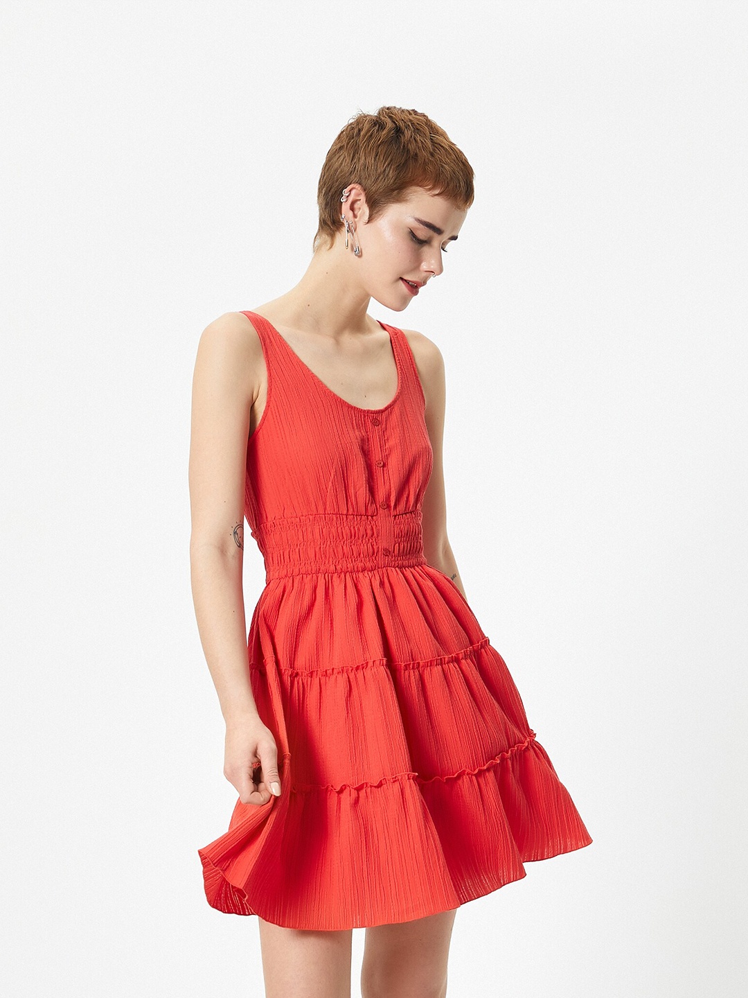 

Koton Round Neck Mini Fit & Flare Dress, Red
