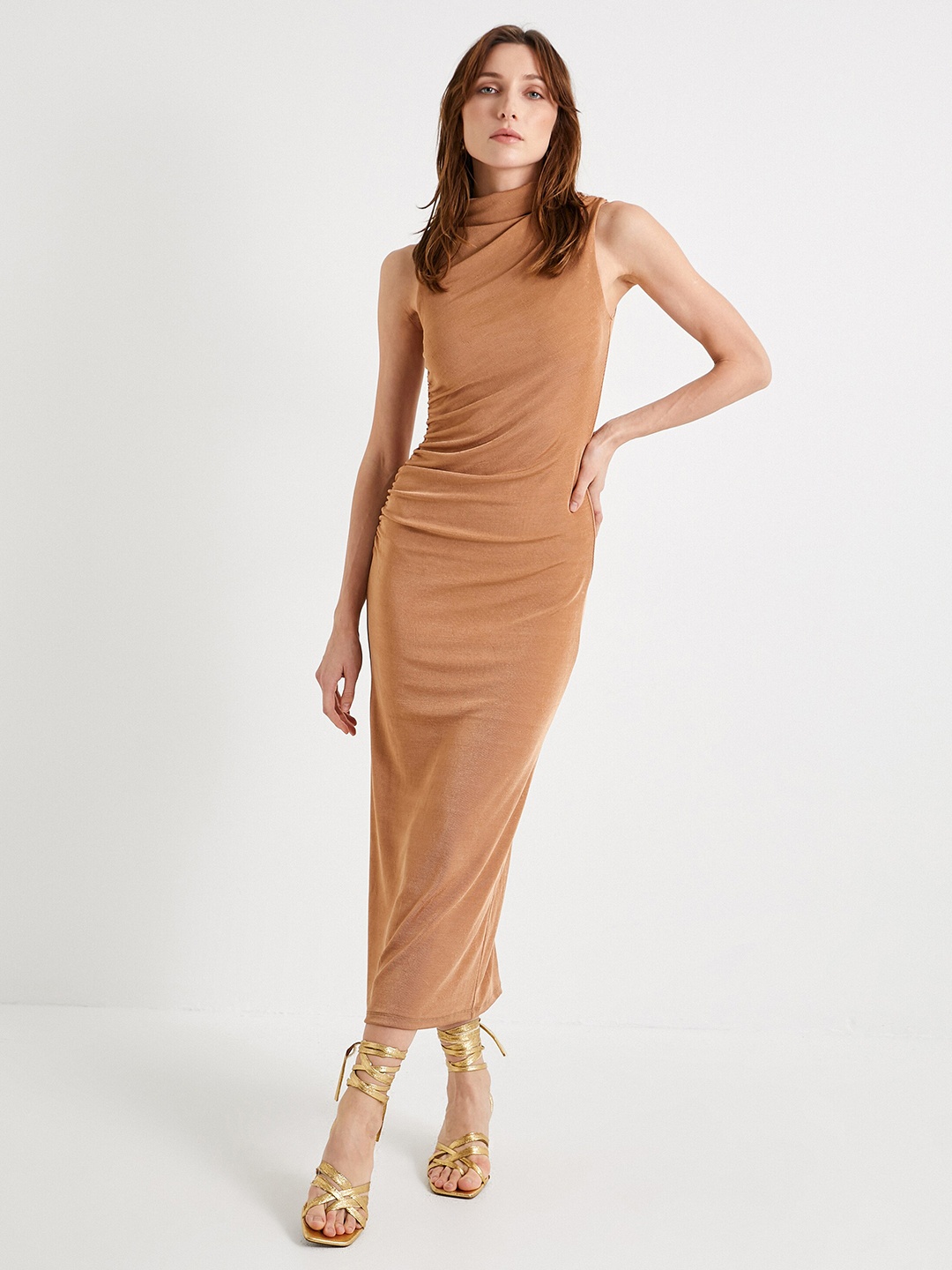 

Koton Mock Neck Sleeveless Maxi Dress, Camel brown