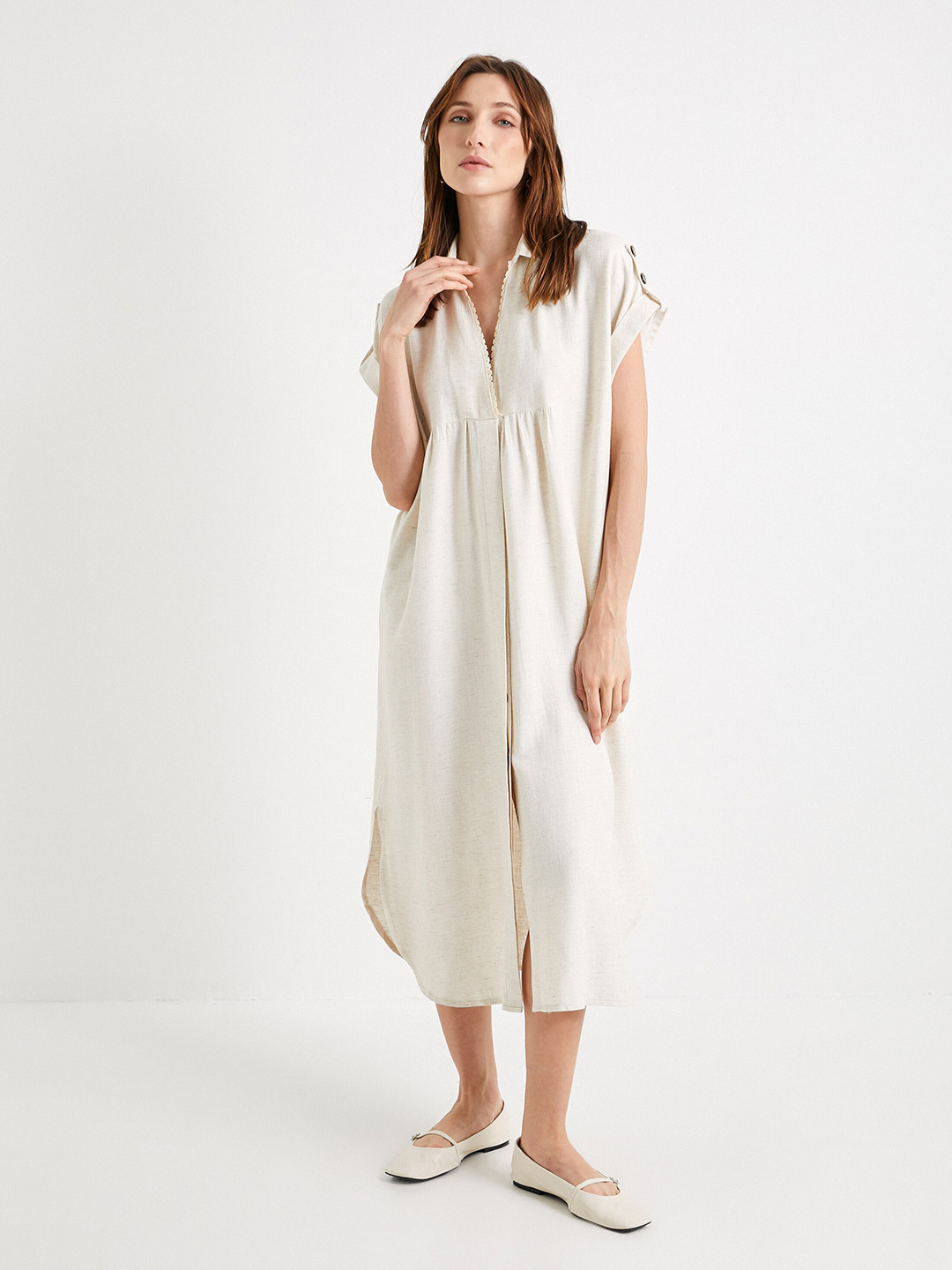 

Koton Shirt Collar Shirt Midi Dress, Beige