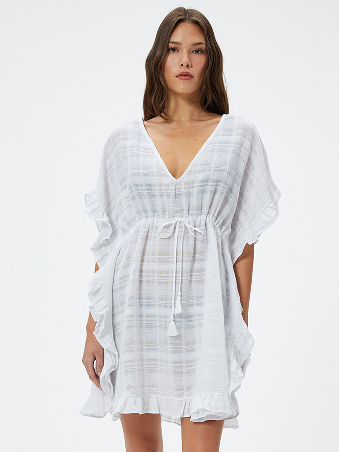 

Koton Striped Flared Sleeves Cotton A-Line Dress, White