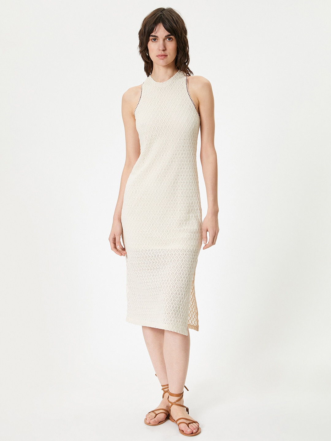 

Koton Self Design Round Neck Cotton Sheath Midi Dress, Off white