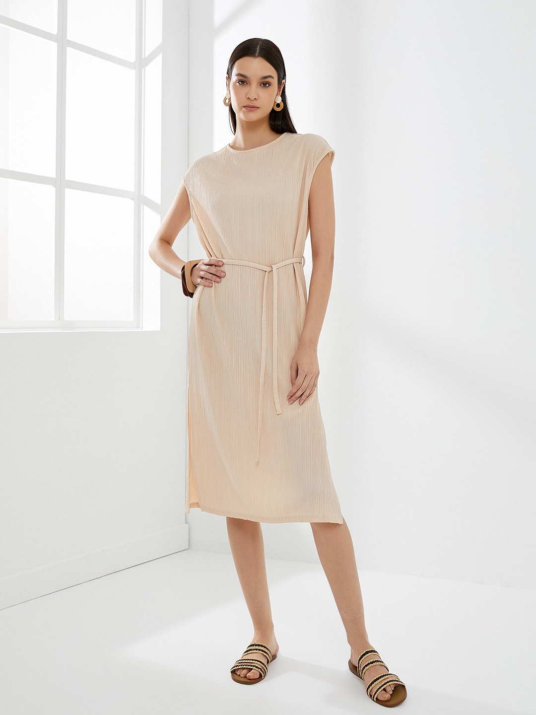 

Koton Self Design Round Neck A-Line Dress, Beige