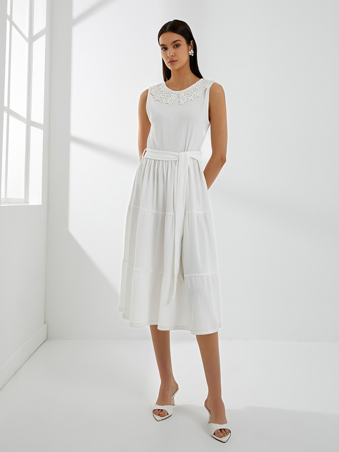 

Koton Round Neck Sleeveless A-Line Midi Dress, Off white