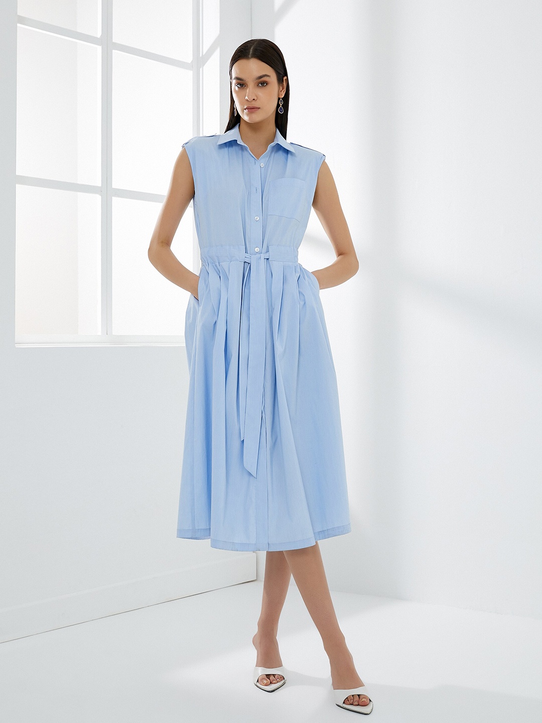 

Koton Sleeveless Pure Cotton Shirt Midi Dress, Blue