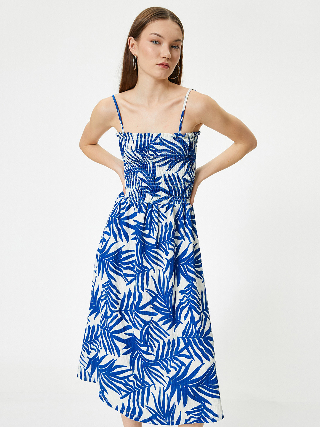 

Koton Tropical Print Smocked A-Line Midi Dress, Blue