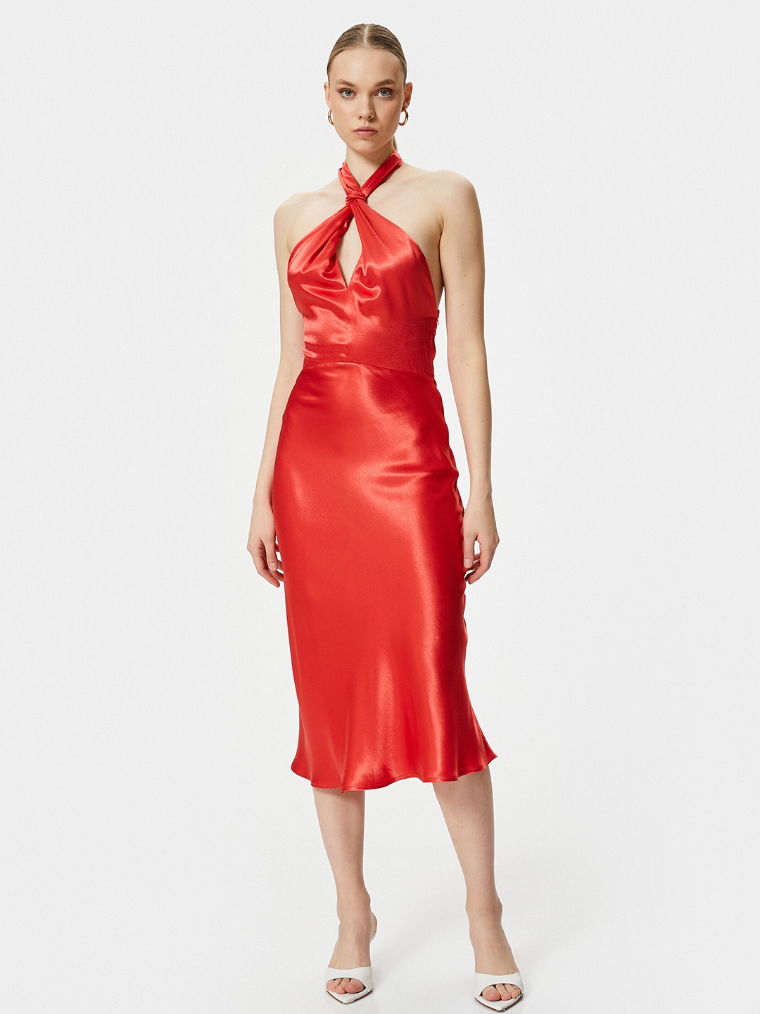 

Koton Halter Neck Sleeveless Bodycon Midi Dress, Red