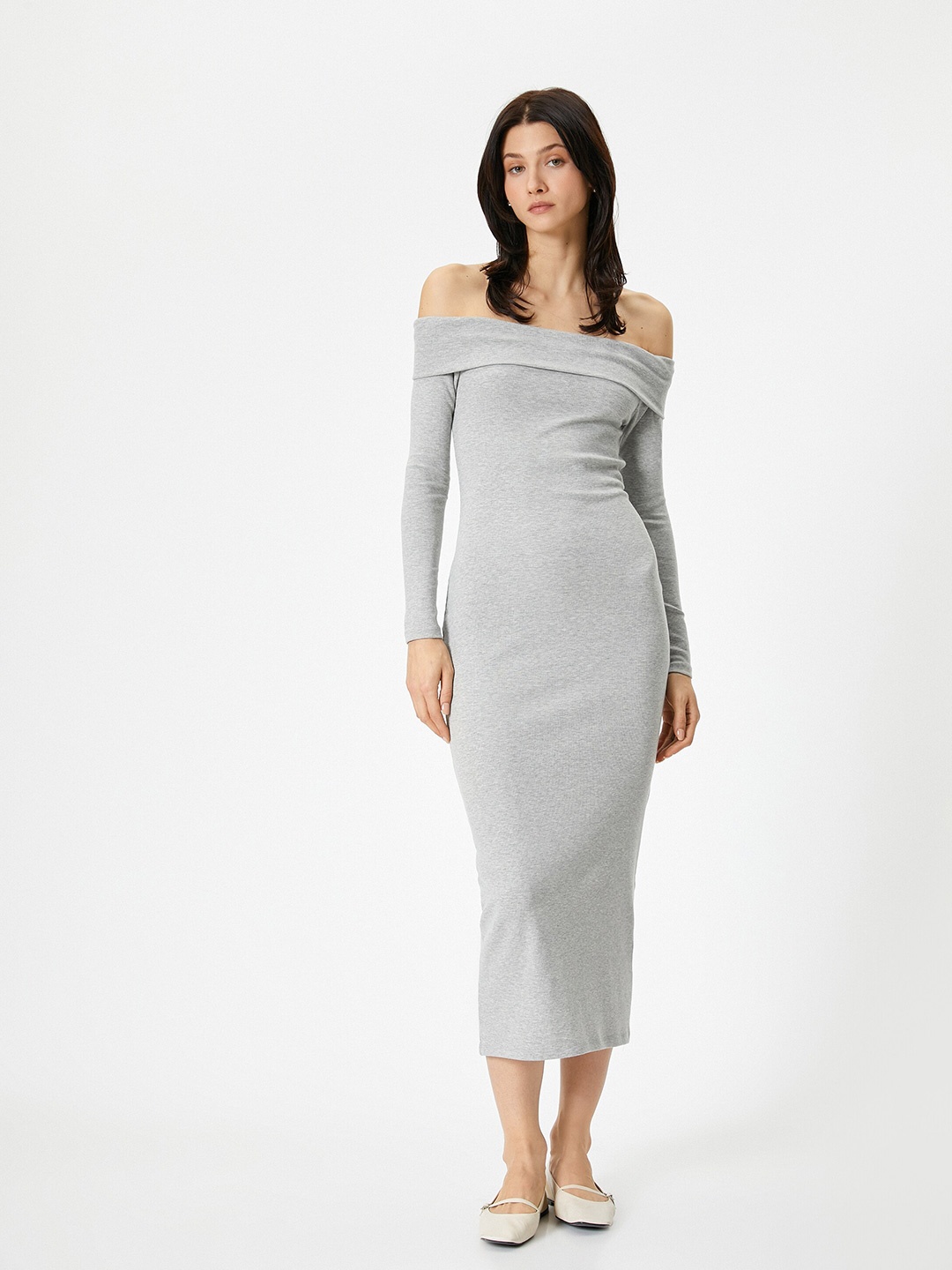 

Koton Off-Shoulder Bodycon Midi Dress, Grey