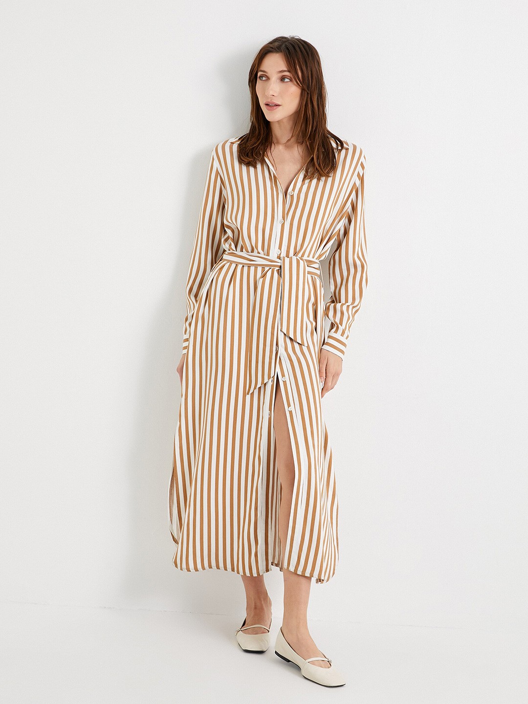

Koton Striped Cuffed Sleeves Shirt Style Midi Dress, Brown