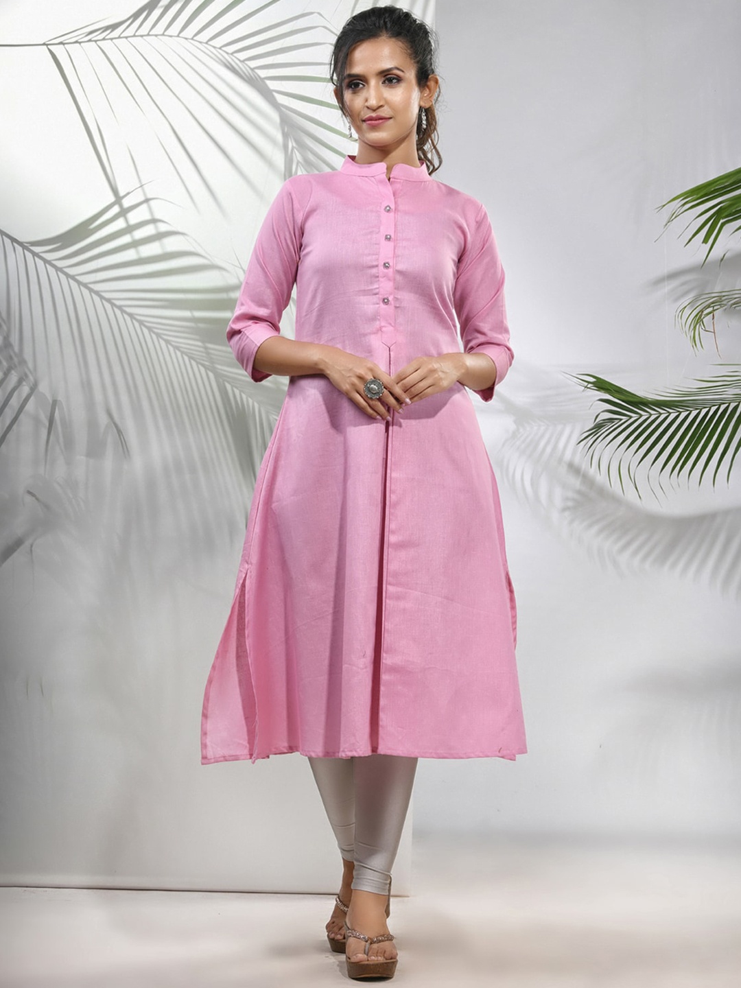 

Charukriti Cotton Thread Work Mandarin Collar Three-Quarter Sleeves A-Line Kurta, Pink