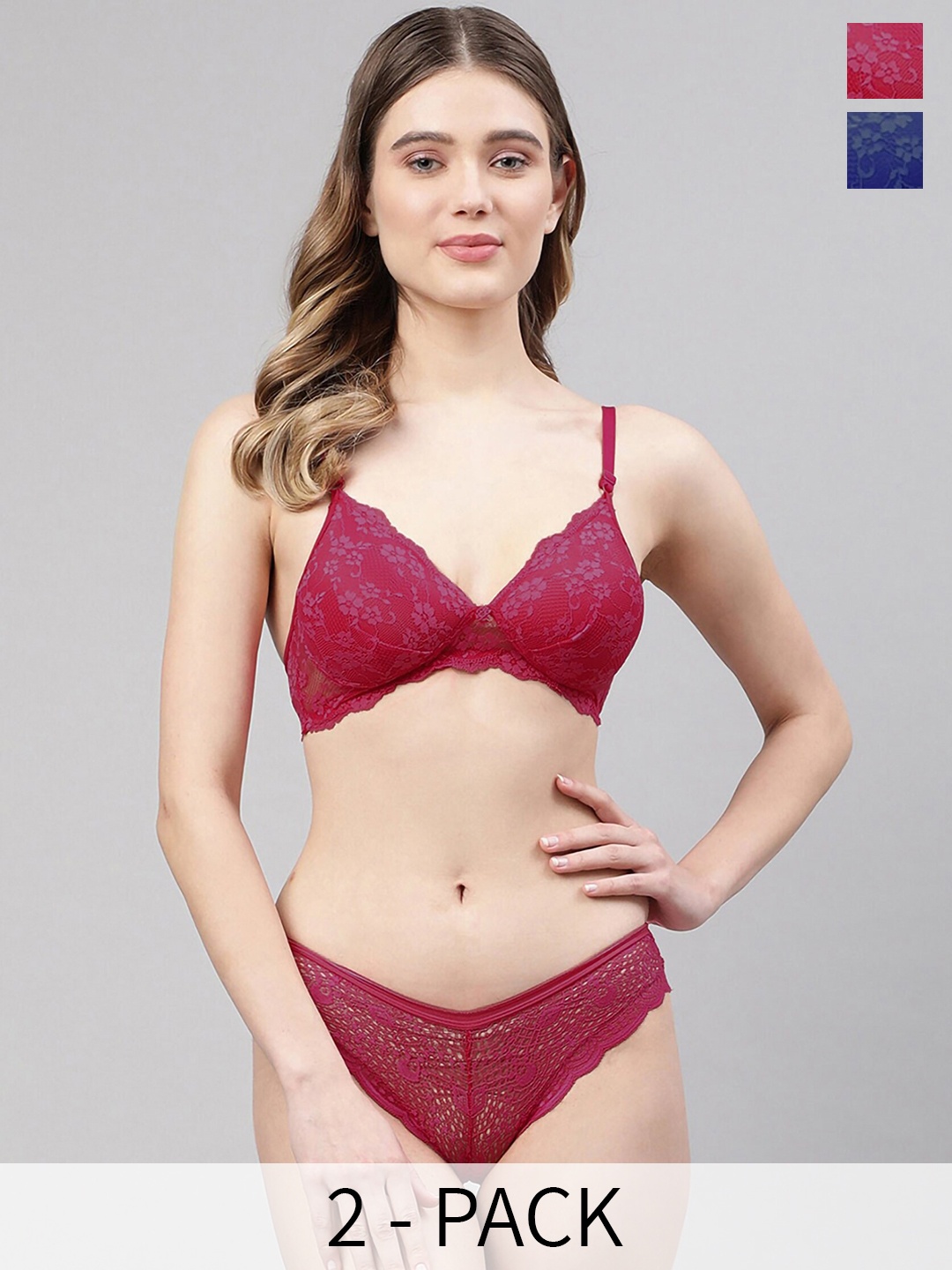 AROUSY Pack Of 2 Self-Design Lightly Padded Bra & Mid-Rise Briefs, Blue