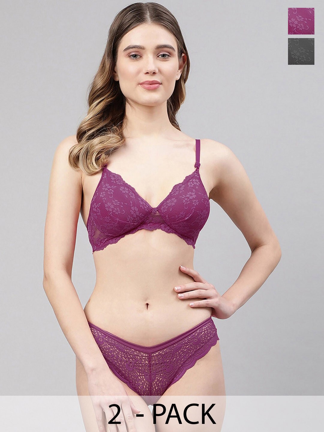 

AROUSY Pack Of 2 Self Design Lightly Padded Net Lingerie Sets, Purple