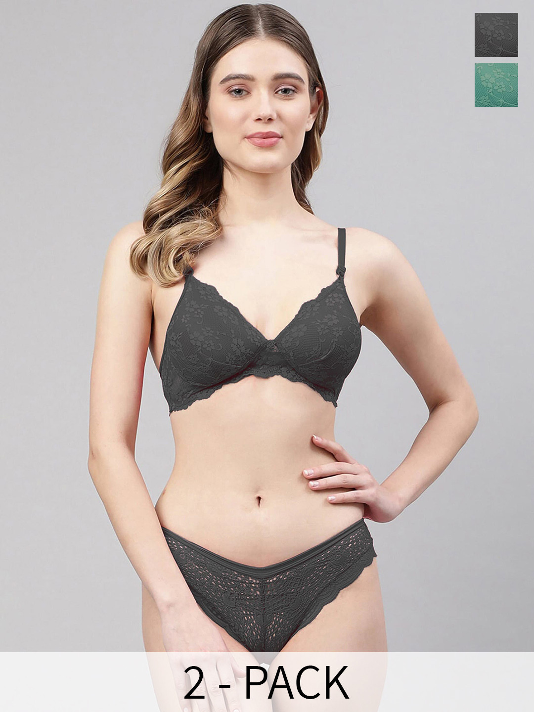 

AROUSY Pack Of 2 Self Design Lace Lightly Padded Lace Bra & Mid-Rise Brief, Black
