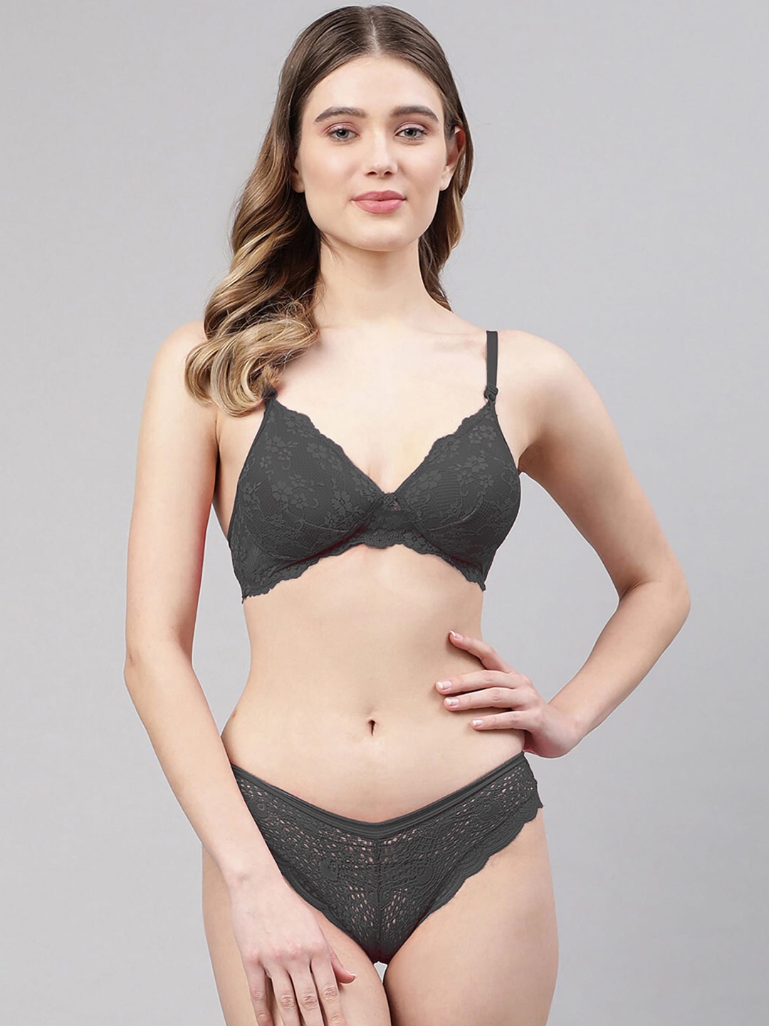 

AROUSY Lightly Padded Bra With Mid-Rise Briefs, Charcoal