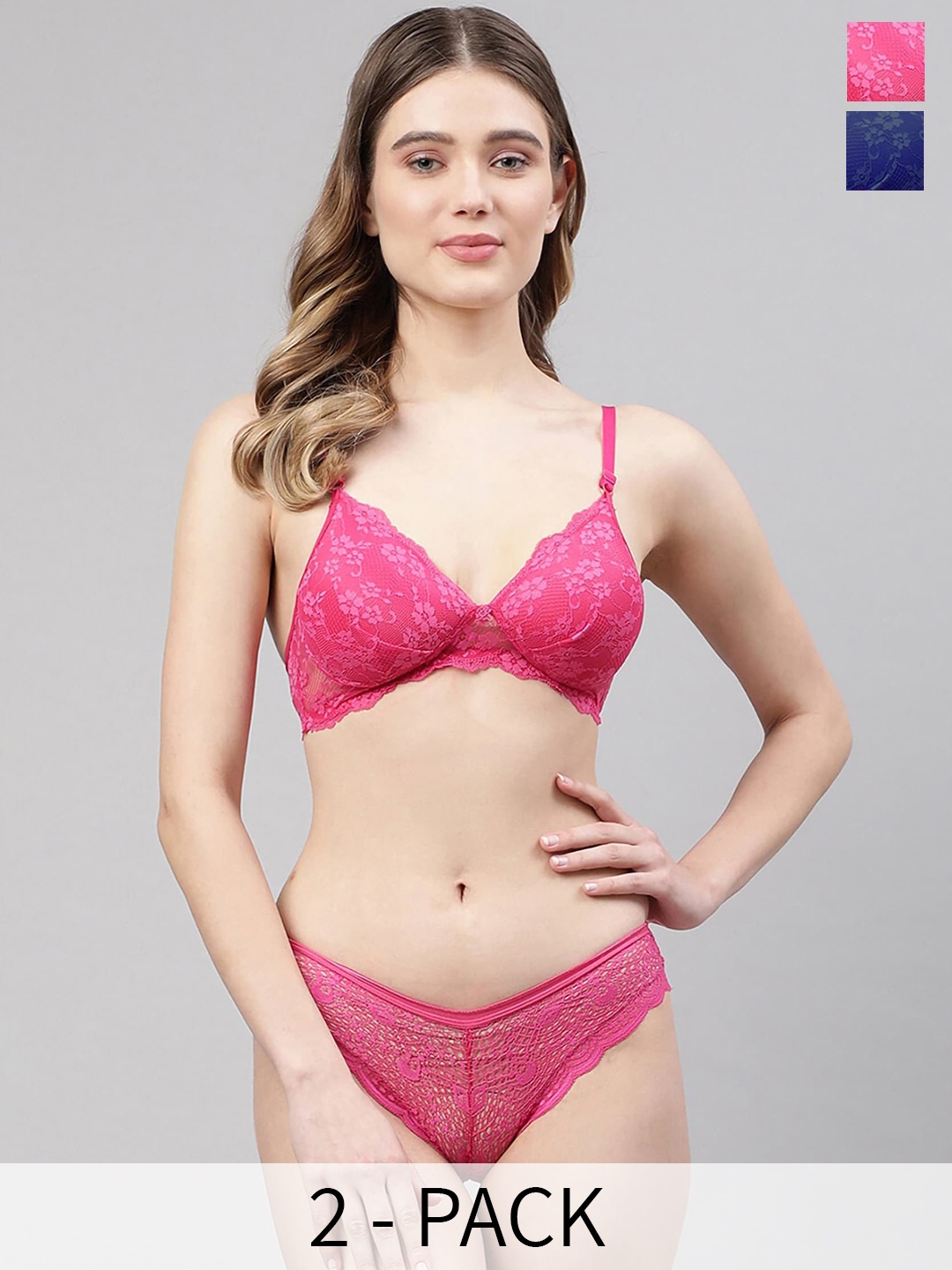 

AROUSY Pack Of 2 Self-Design Lightly Padded Bra & Mid-Rise Briefs, Blue