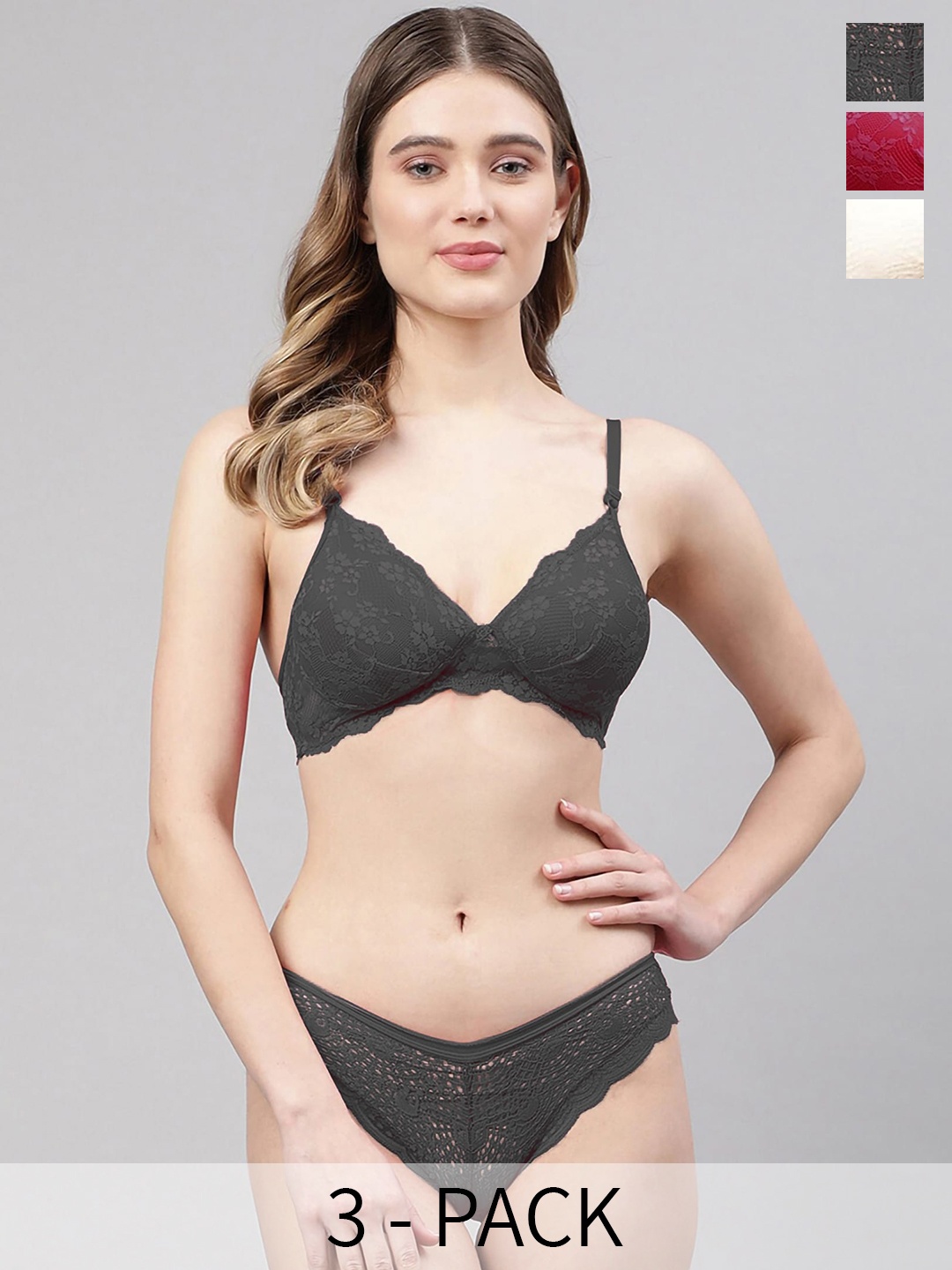 

AROUSY Pack Of 3 Self Design Lightly Padded Net Lingerie Sets, Black