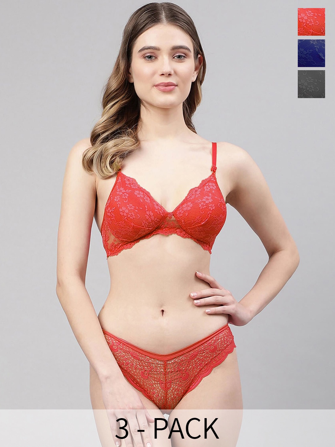 

AROUSY Pack Of 3 Self Design Lightly Padded Net Lingerie Sets, Red