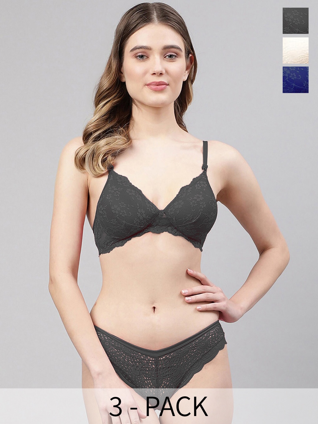 

AROUSY Pack Of 3 Self Design Lightly Padded Net Lingerie Sets, Black