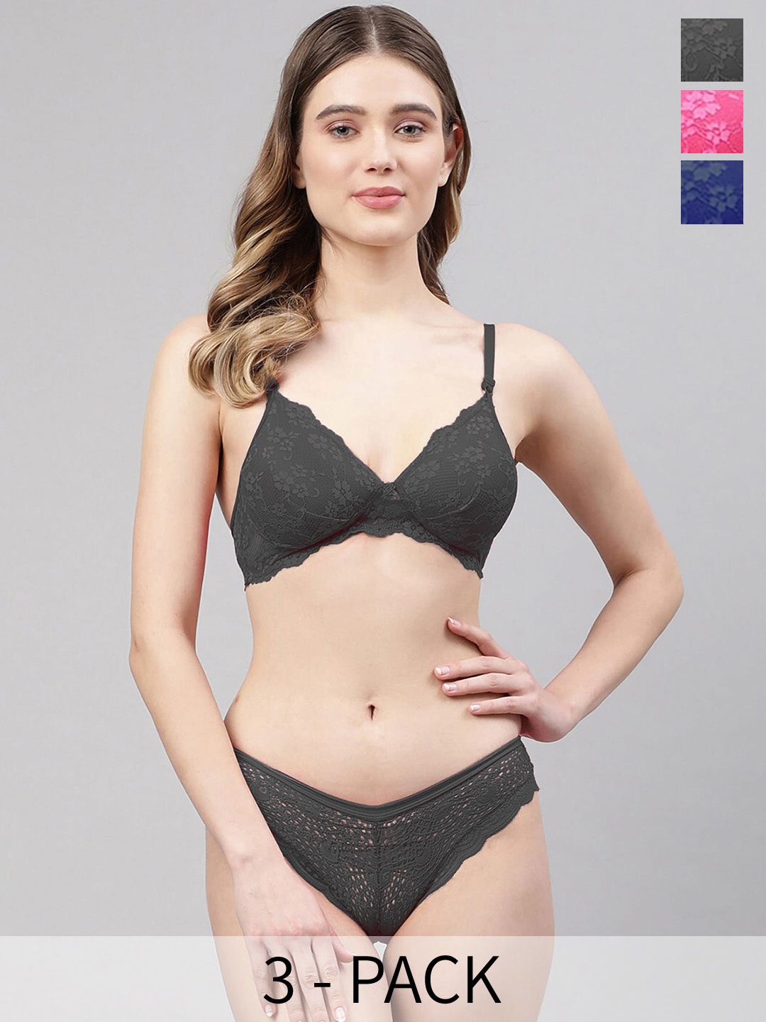

AROUSY Pack Of 3 Self Design Lightly Padded Lace Bra & Mid-Rise Brief, Blue