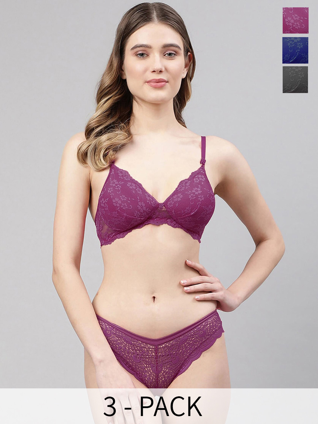 

AROUSY Pack Of 3 Lightly Padded Bra With Mid-Rise Briefs, Blue