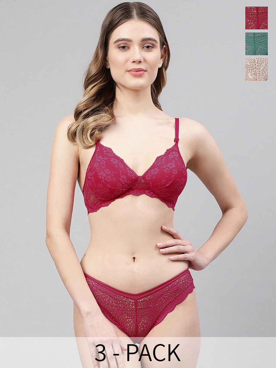 

AROUSY Pack Of 3 Lightly Padded Bra With Mid-Rise Briefs, Maroon