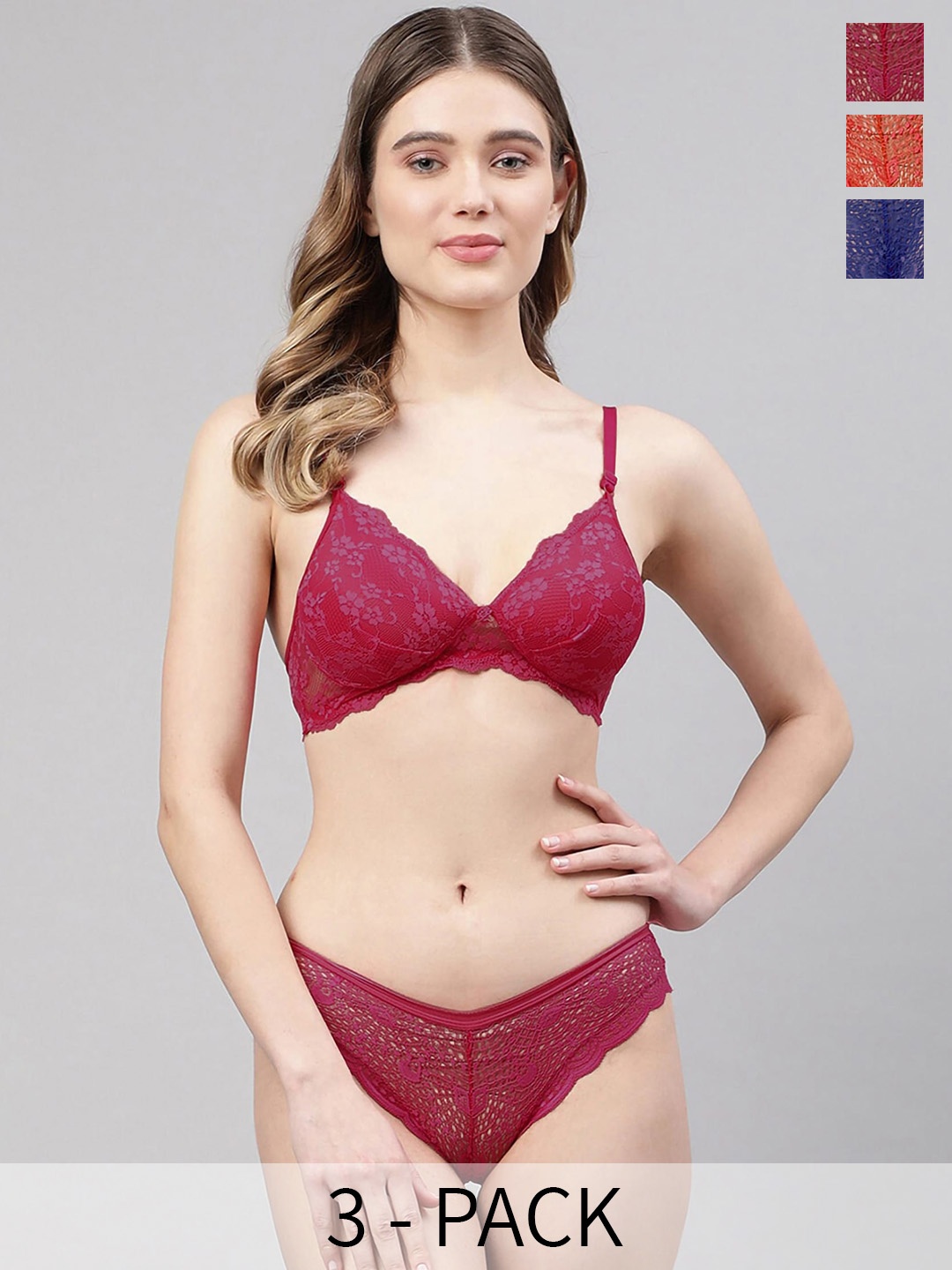 

PIBU Pack of 3 Lightly Padded Lace Lingerie Set, Red