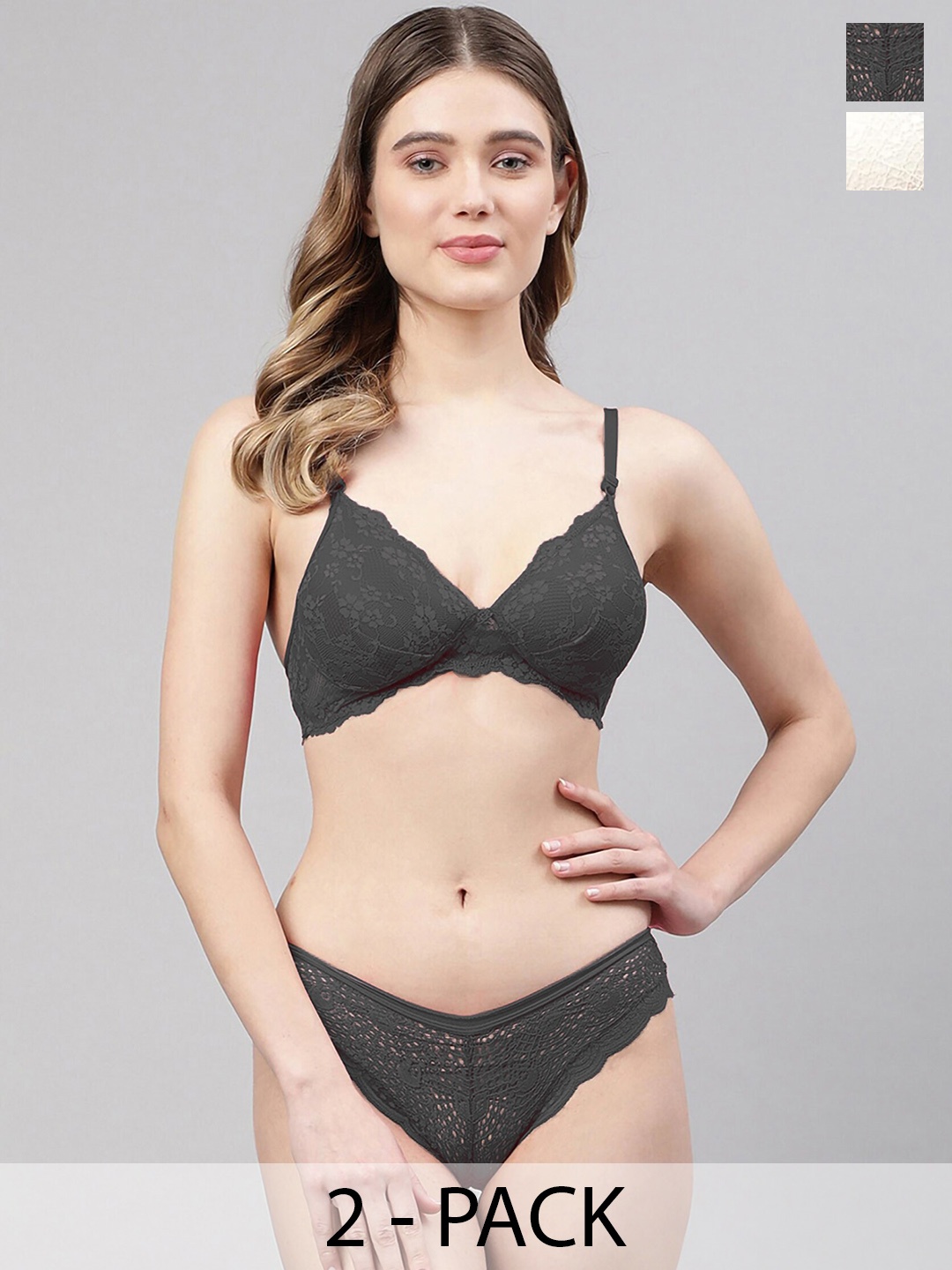 

PIBU Pack of 2 Self Design Lightly Padded Lace Lingerie Set, Black