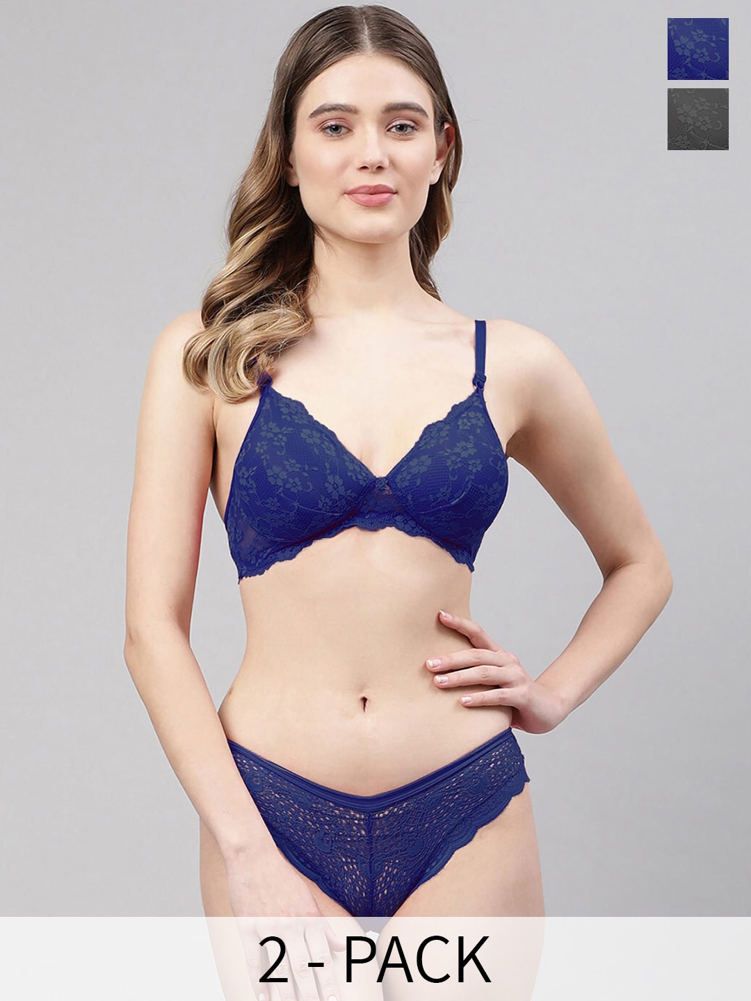 

PIBU Pack of 2 Lightly Padded Lace Lingerie Set, Blue