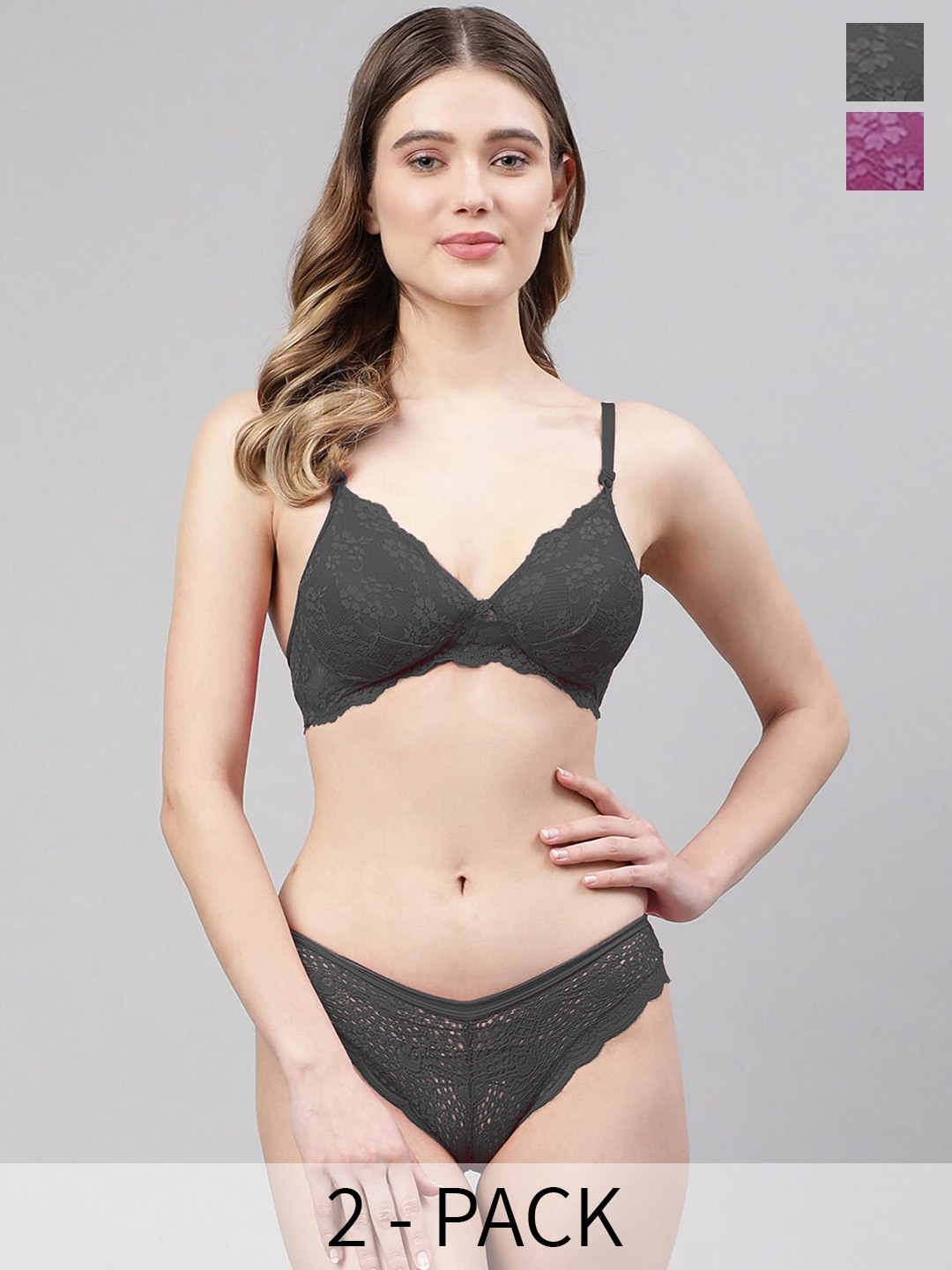 

PIBU Pack of 2 Lightly Padded Lace Lingerie Set, Black