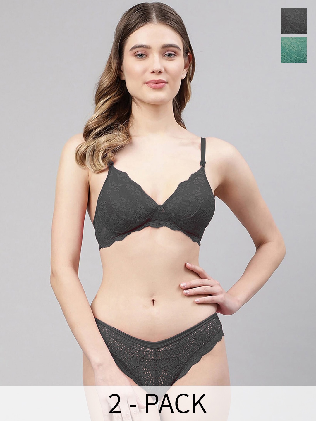

PIBU Pack of 2 Self Design Lightly Padded Lace Lingerie Set, Black
