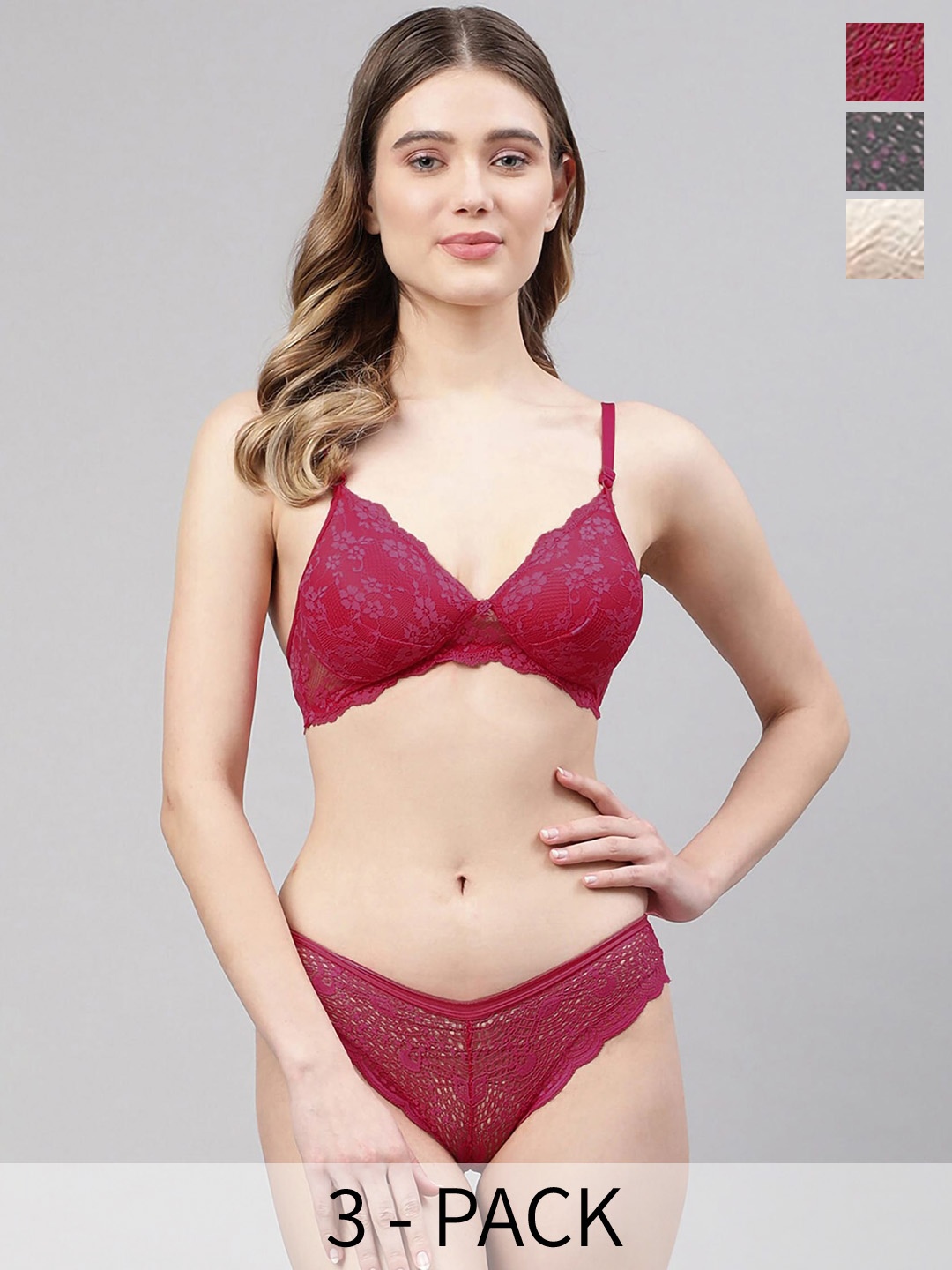 PIBU Pack Of 3 Lace Self Design Lightly Padded Lingerie Set, Black