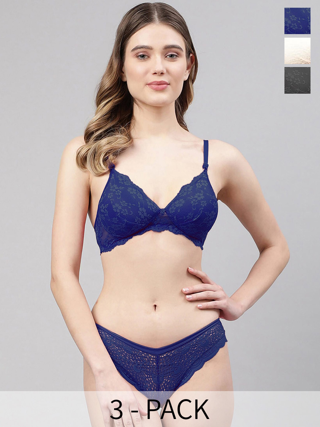

PIBU Pack of 3 Self Design Lightly Padded Lace Lingerie Set, Navy blue