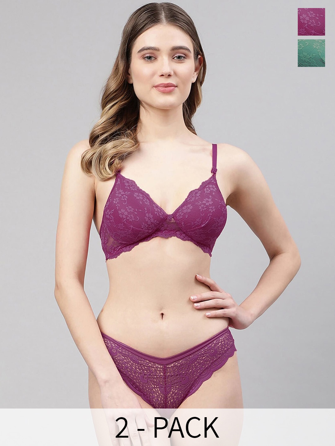

PIBU Pack of 2 Lightly Padded Lace Lingerie Set, Purple