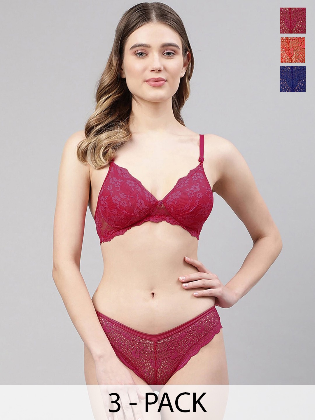 

In-Curve Pack Of 3 Lace Self Design Lightly Padded Lingerie Set, Red