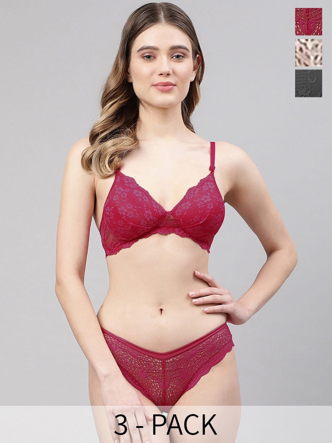 

In-Curve Pack Of 3 Lace Self Design Mid-Rise Brief & Lightly Padded Bra, Black