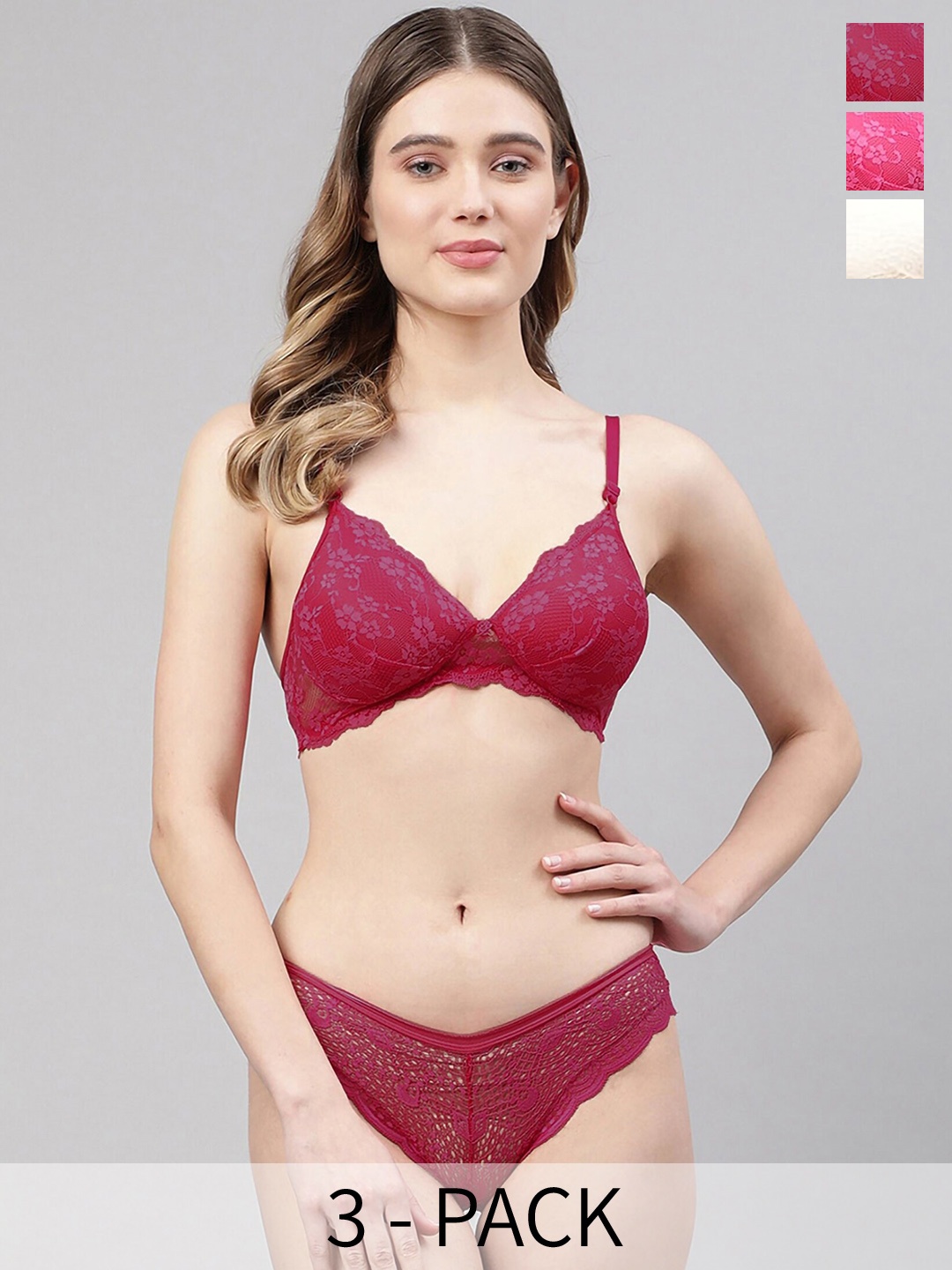 In-Curve Pack Of 3 Lightly-Padded Lingerie Set, Maroon