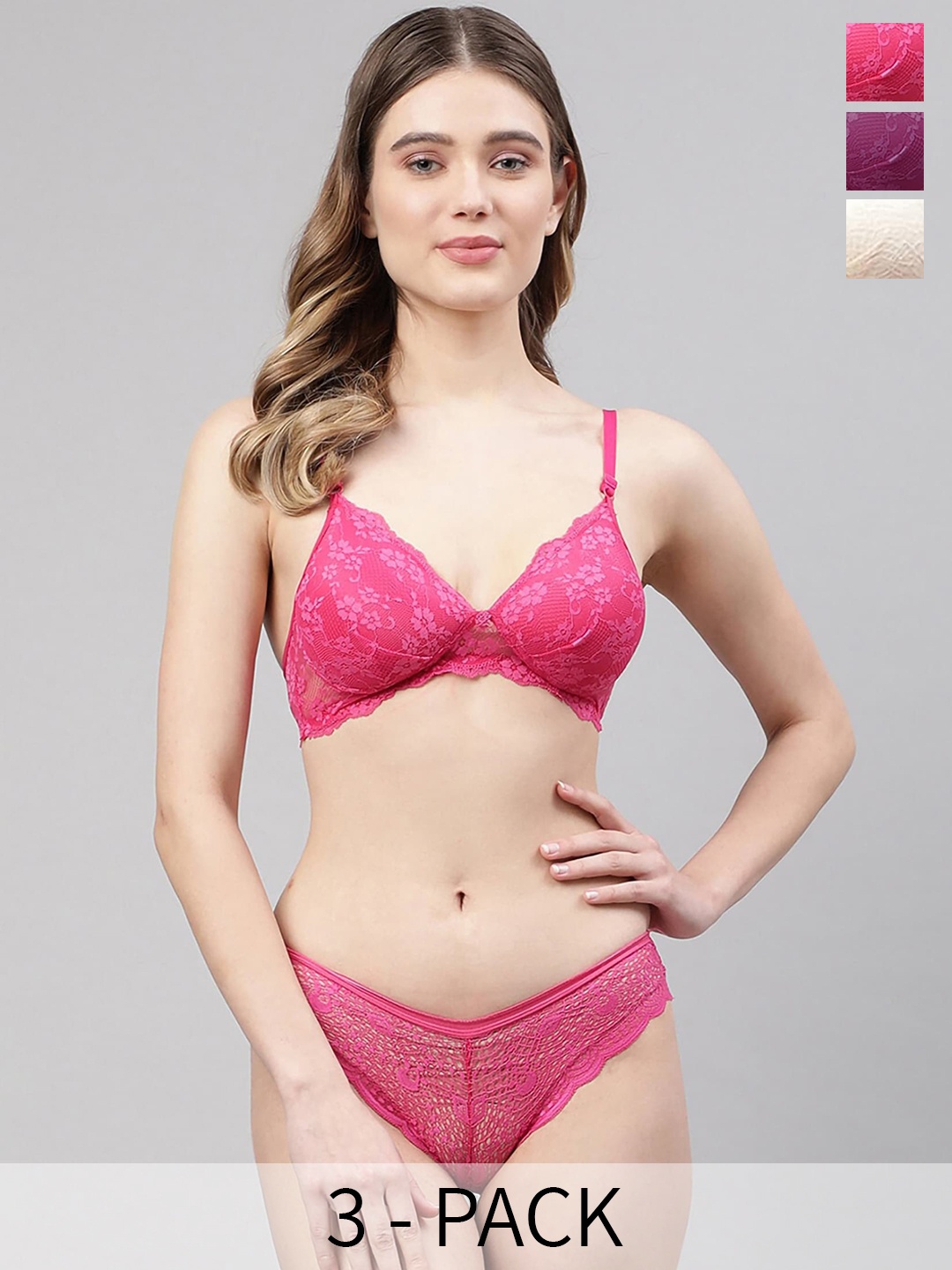 

In-Curve Pack Of 3 Self-Design Mid-Rise Bra & Panty Lingerie Set, Brown