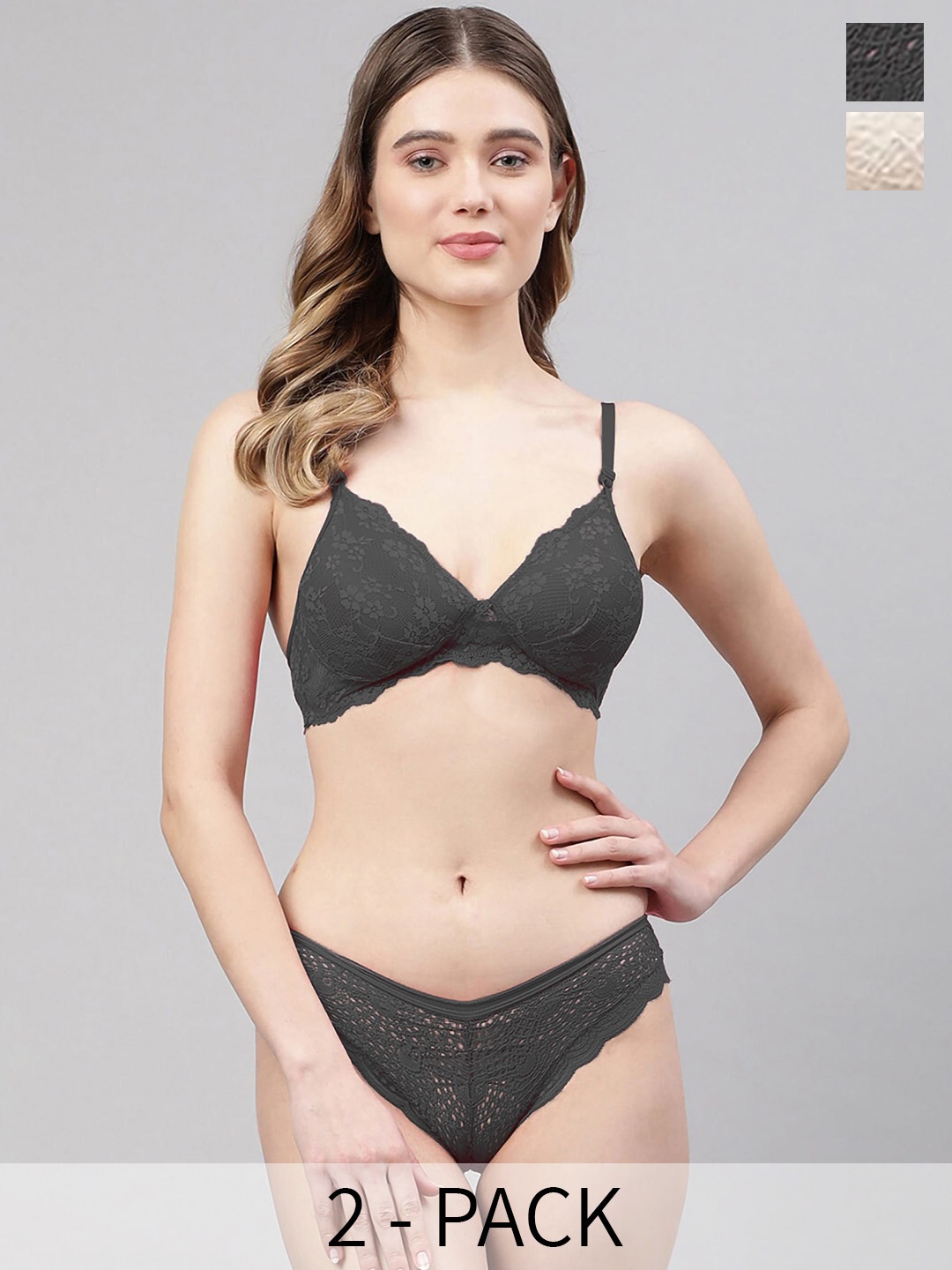 

In-Curve Pack Of 2 Lace Self Design Lightly Padded Lingerie Set, Black