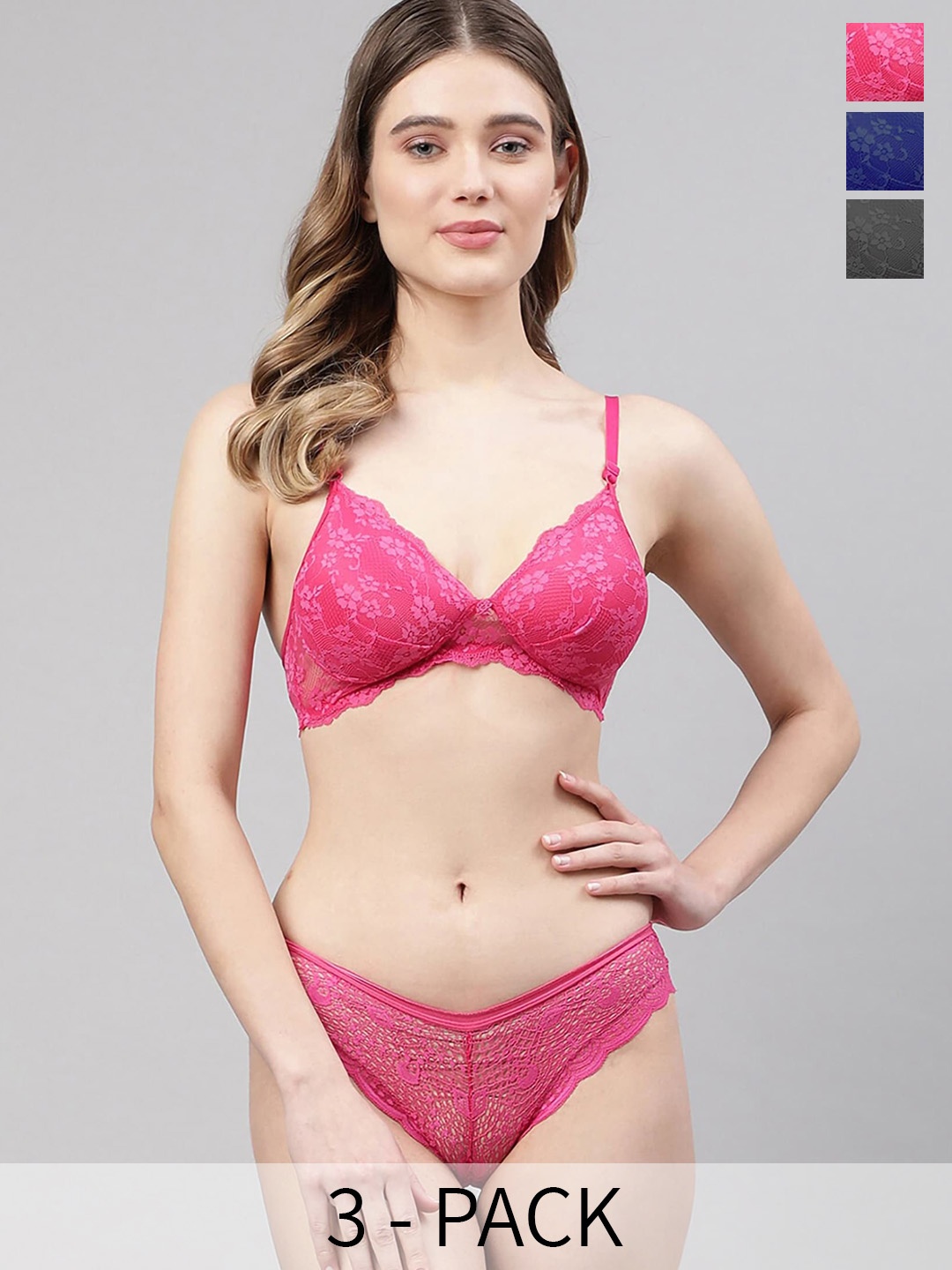 

In-Curve Pack of 3 Self Design Lightly Padded Lace Lingerie Set, Blue