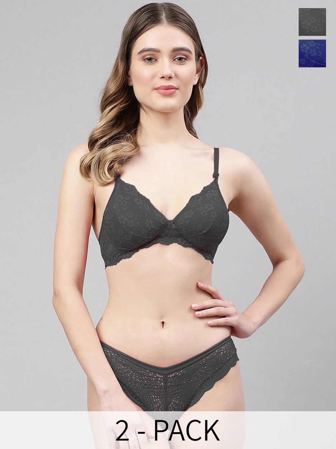 

In-Curve Pack of 2 Self Design Lightly Padded Lace Lingerie Set, Navy blue