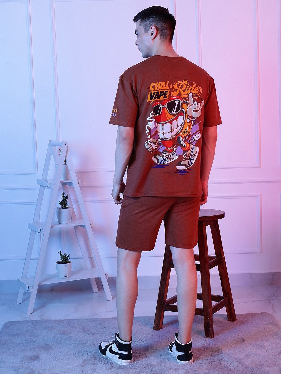 PockMAN Round Neck Graphic Printed T-shirt with Shorts, Brown