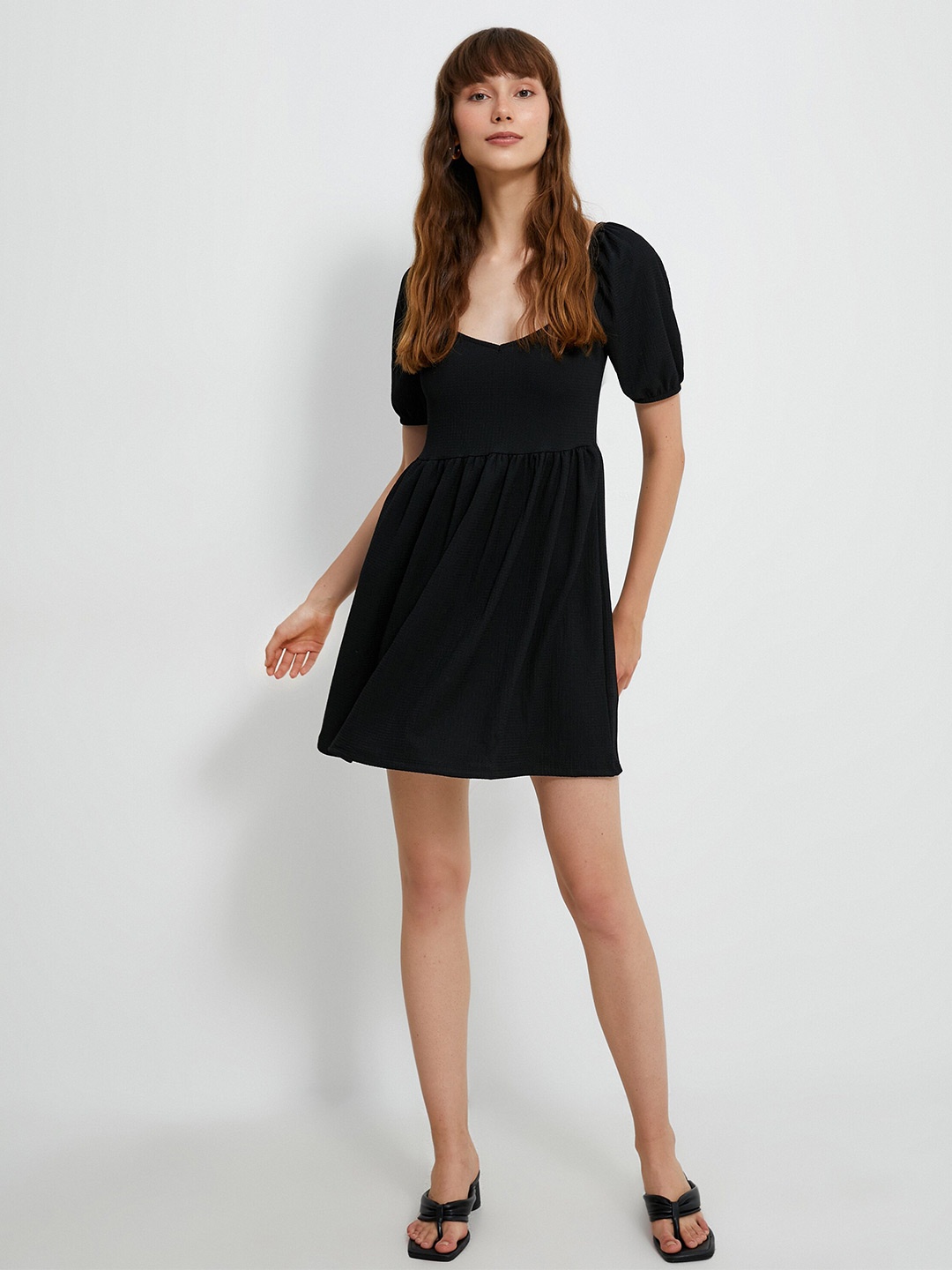 

Koton Puff Sleeves Fit & Flare Mini Dress, Black