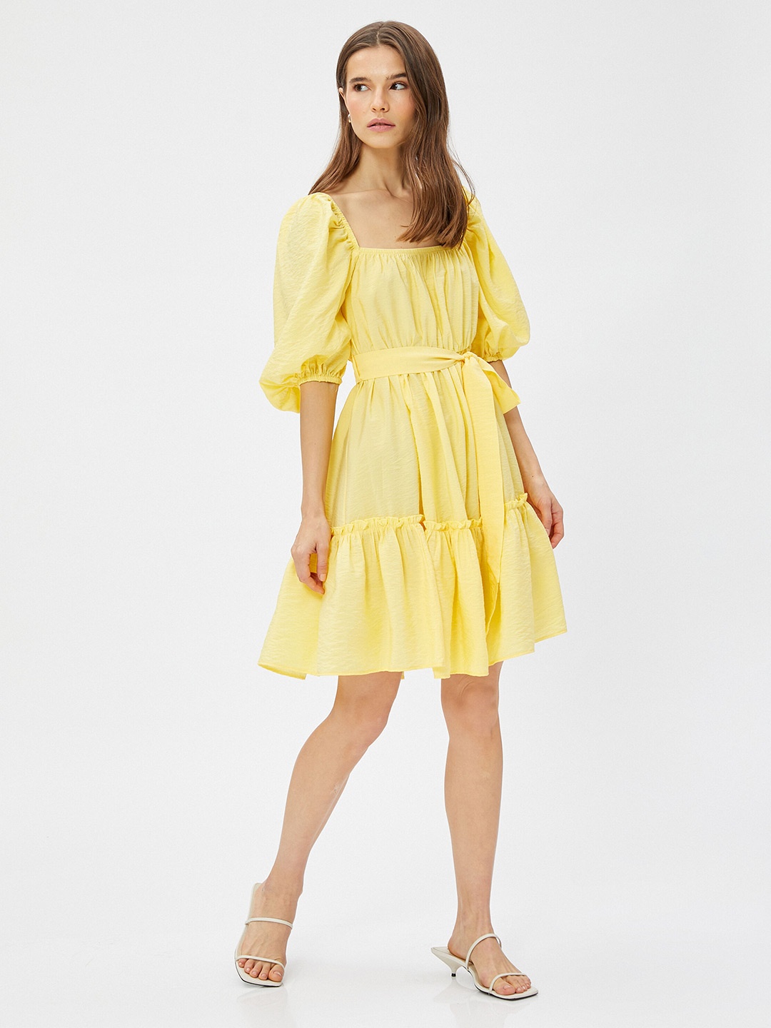 

Koton Puff Sleeves Fit & Flare Dress, Yellow